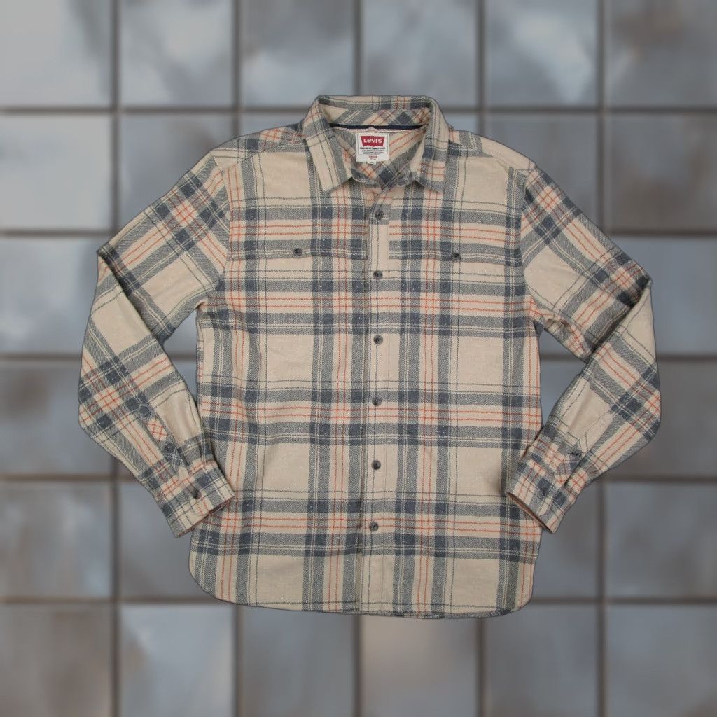 Levis Shirt Mens Large Beige Gray Orange Plaid Wool Blend Button Front Flannel