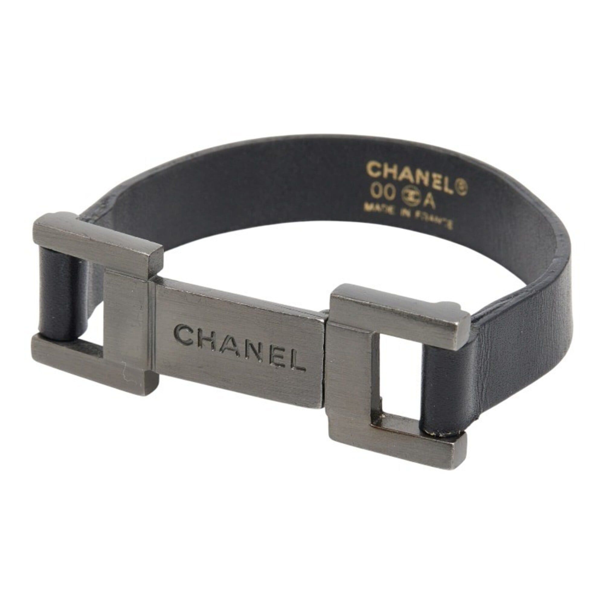 Chanel Chanel Logo Plate Bracelet, Black Silver Leather Metal, Women's CHANEL Size ONE SIZE - 1 Thumbnail