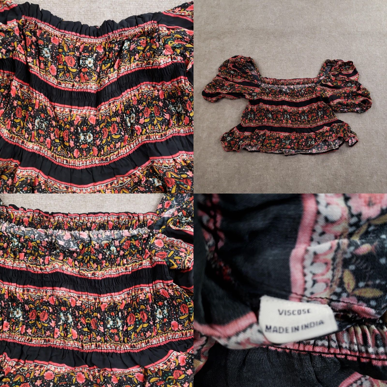 Vintage Ranna Gill Shirt Womens Small Black Floral Smocked Peplum Puff Sleeve Bohemian Size S / US 4 / IT 40 - 8 Thumbnail