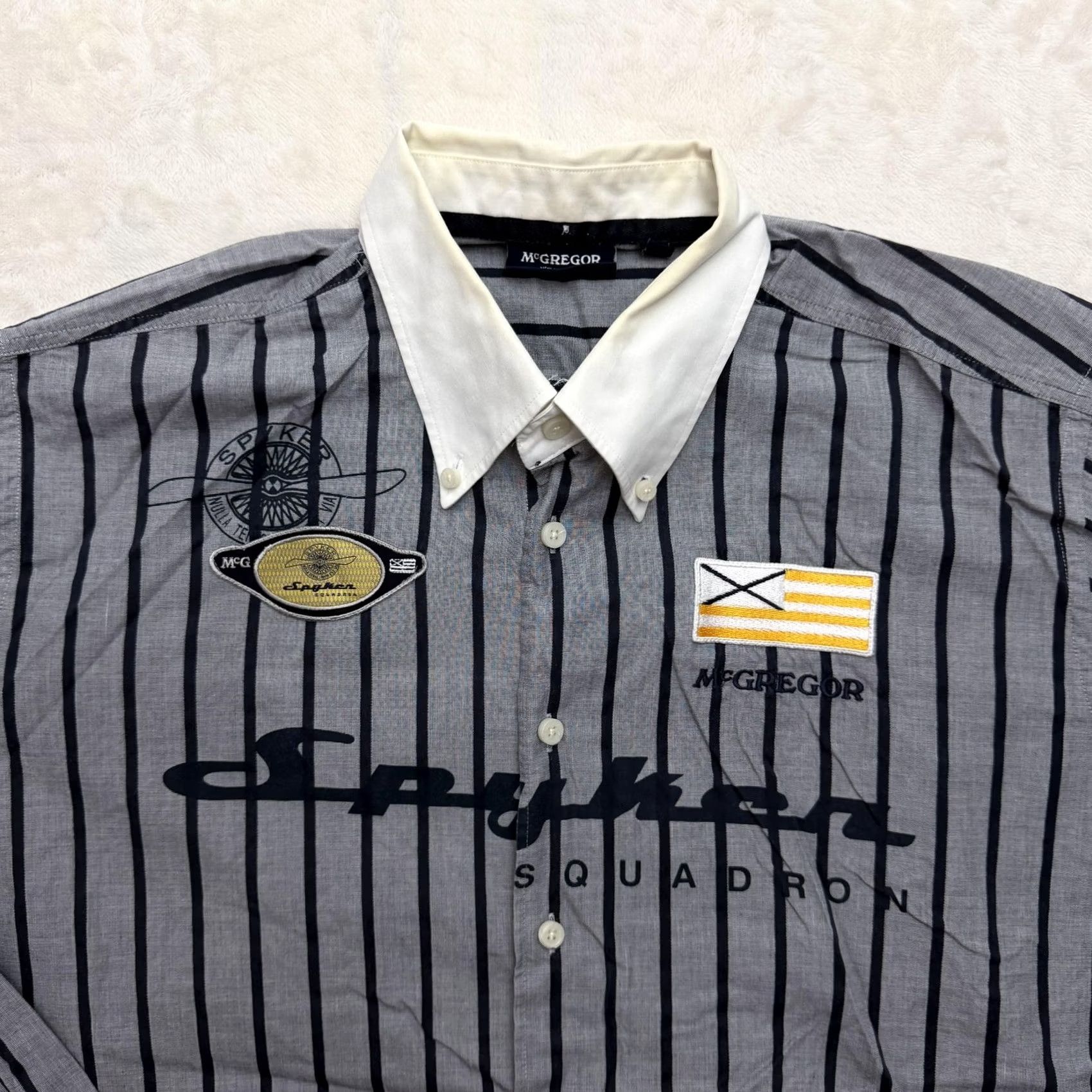 McGregor McGregor Shirt Mens XL Gray Navy Striped Button-Down Button Embo​idered Patch Cotton Wool Size US XL / EU 56 / 4 - 2 Thumbnail