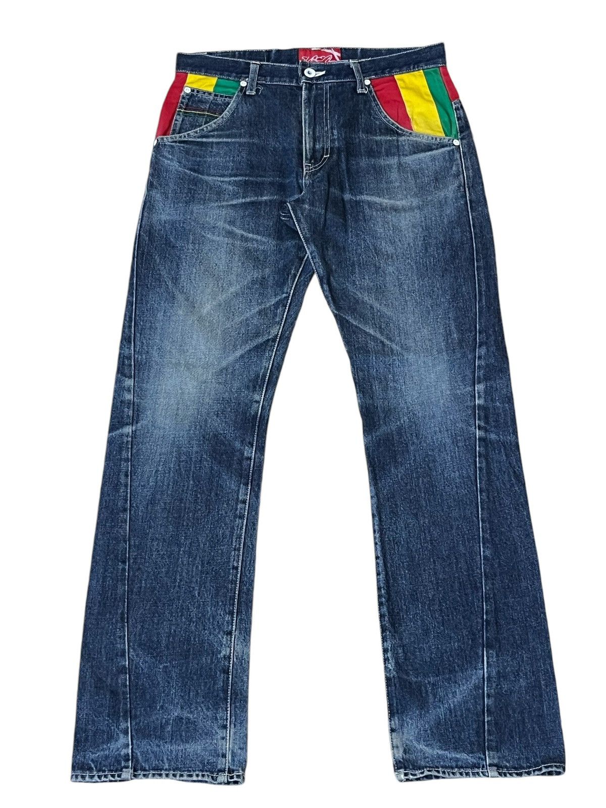 Japanese Brand SICK Y2K JAPANESE BRAND RASTA COLOUR JEANS MADE IN JAPAN Size US 32 / EU 48 - 2 Thumbnail