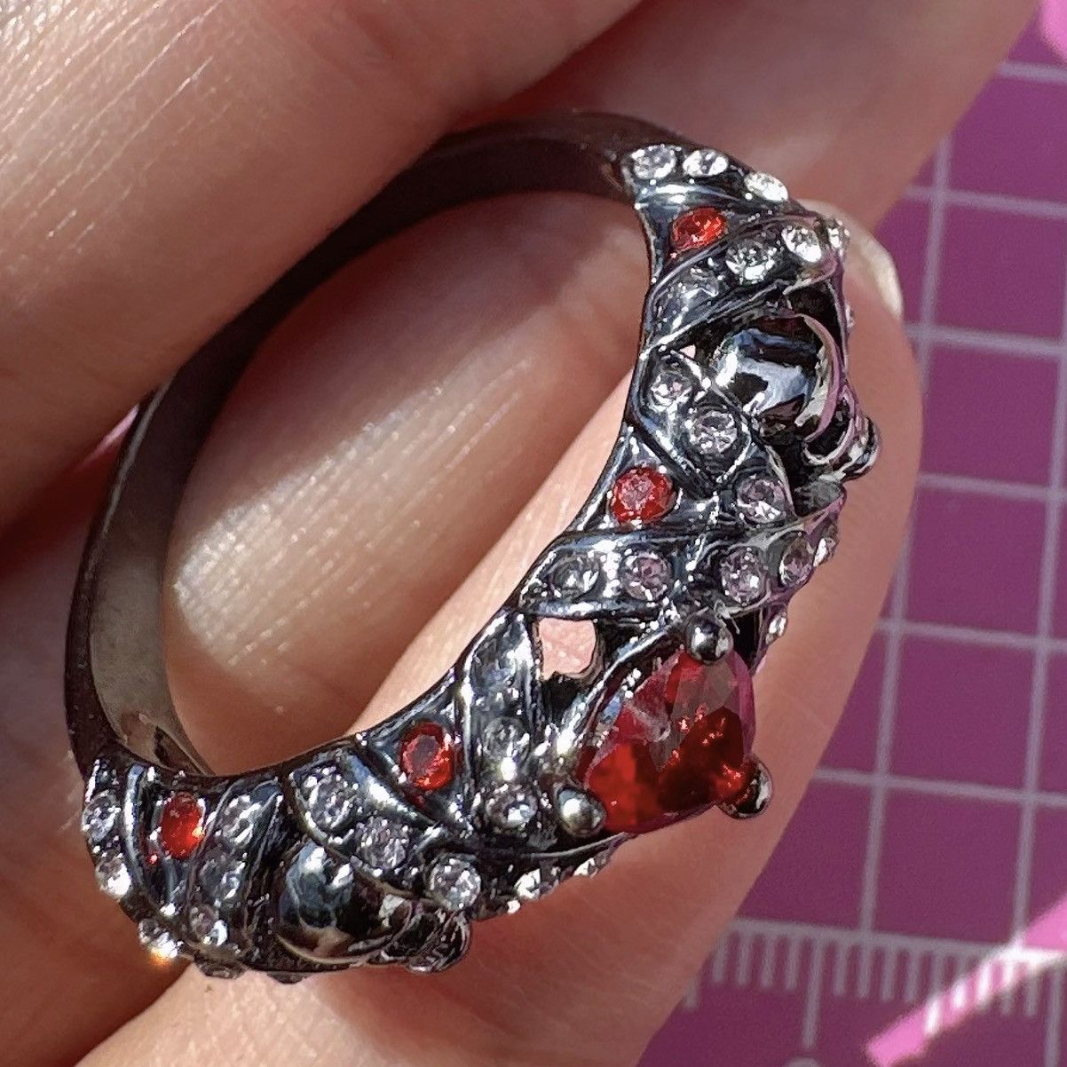 Designer Halloween red diamond heart crystal paved skeleton black Size ONE SIZE - 8 Thumbnail