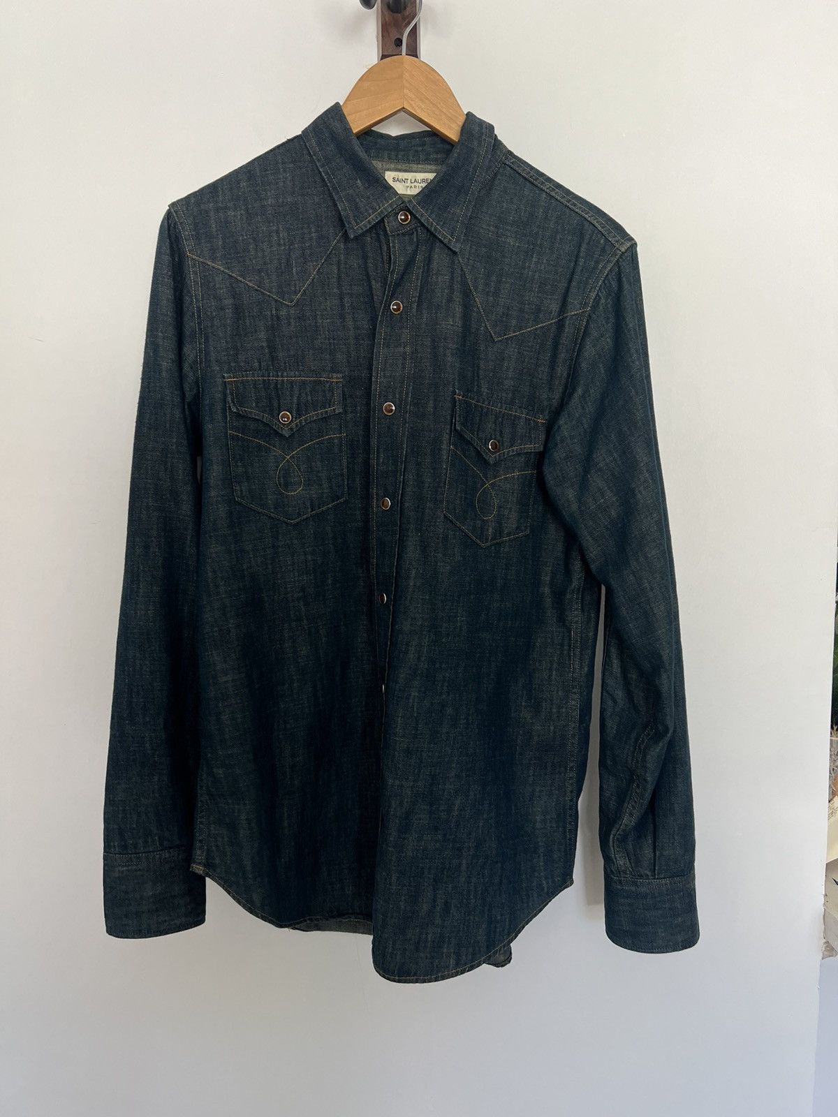 image of Saint Laurent Paris 2016 Denim Shirt Tortoise Buttons, Men's (Size Large)