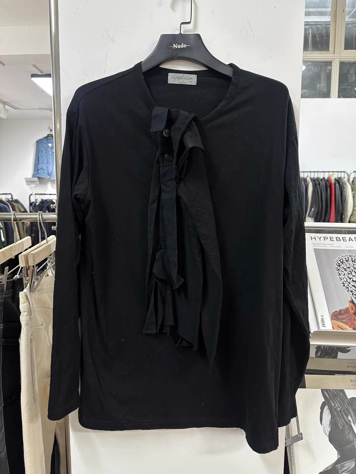 Yohji Yamamoto Black Long Sleeve Shirt with Front Tie Detail Size US L / EU 52-54 / 3 - 1 Thumbnail