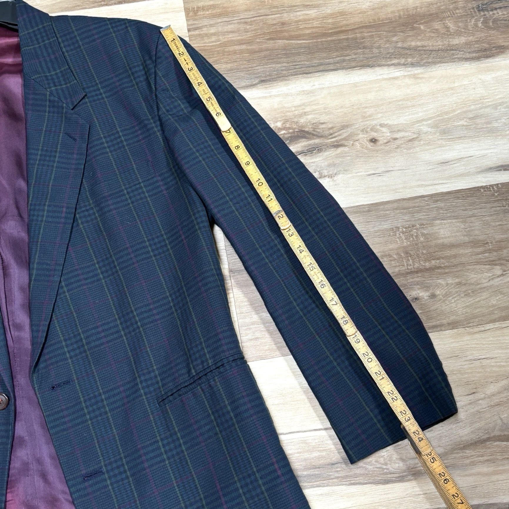 Liz Claiborne VINTAGE Claiborne Navy Plaid Cotton Blazer 40R Mens Regular Single-Breasted 2-Button Notch Lapel Summer Dress Casual Business Travel Size 40R - 4 Thumbnail