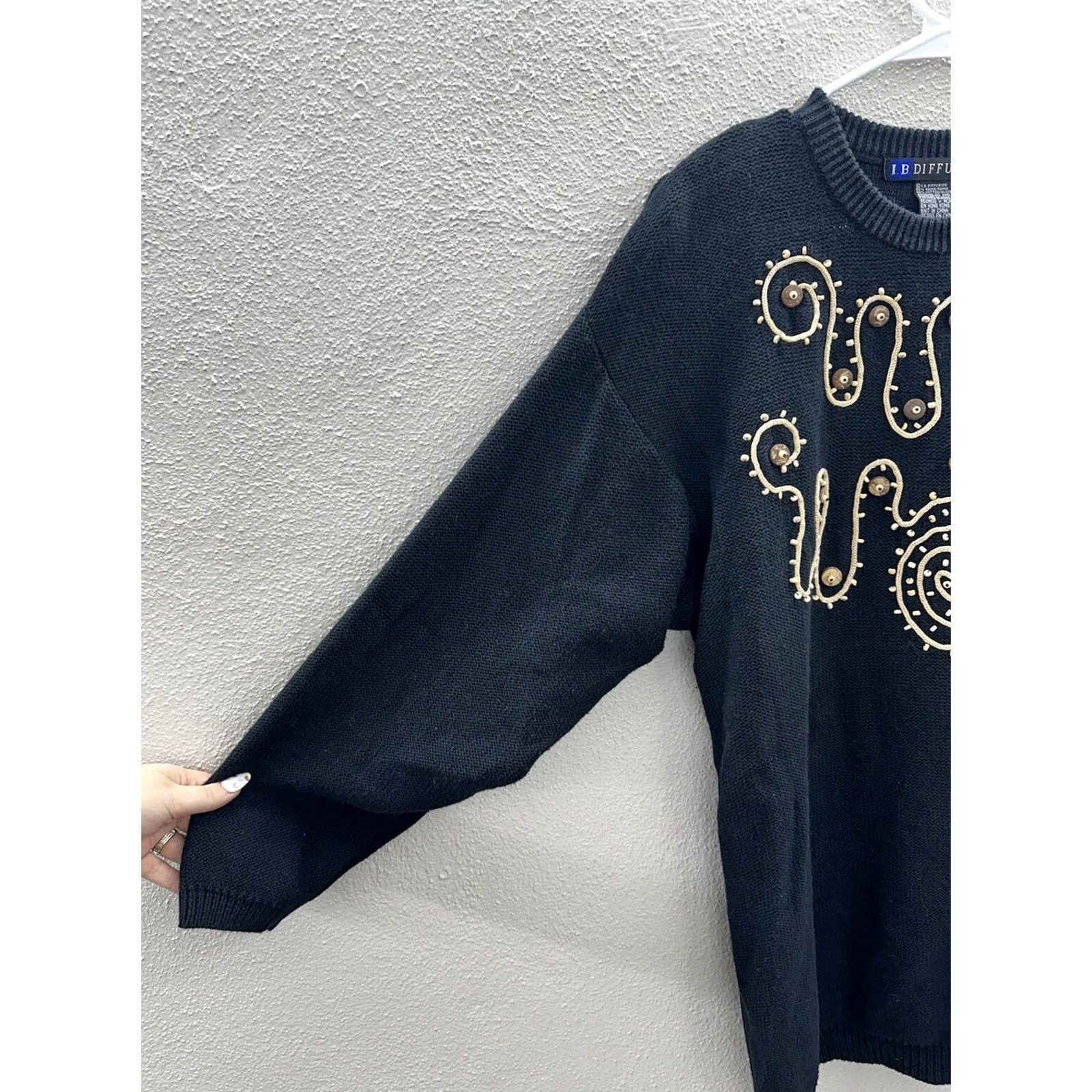 Vintage IB Diffusion Sweater Knit Textured Beaded Black Vintage Womens Large Pullover Crew Neck Knit Long Sleeve Christmas Classic Felting? Size L / US 10 / IT 46 - 2 Thumbnail