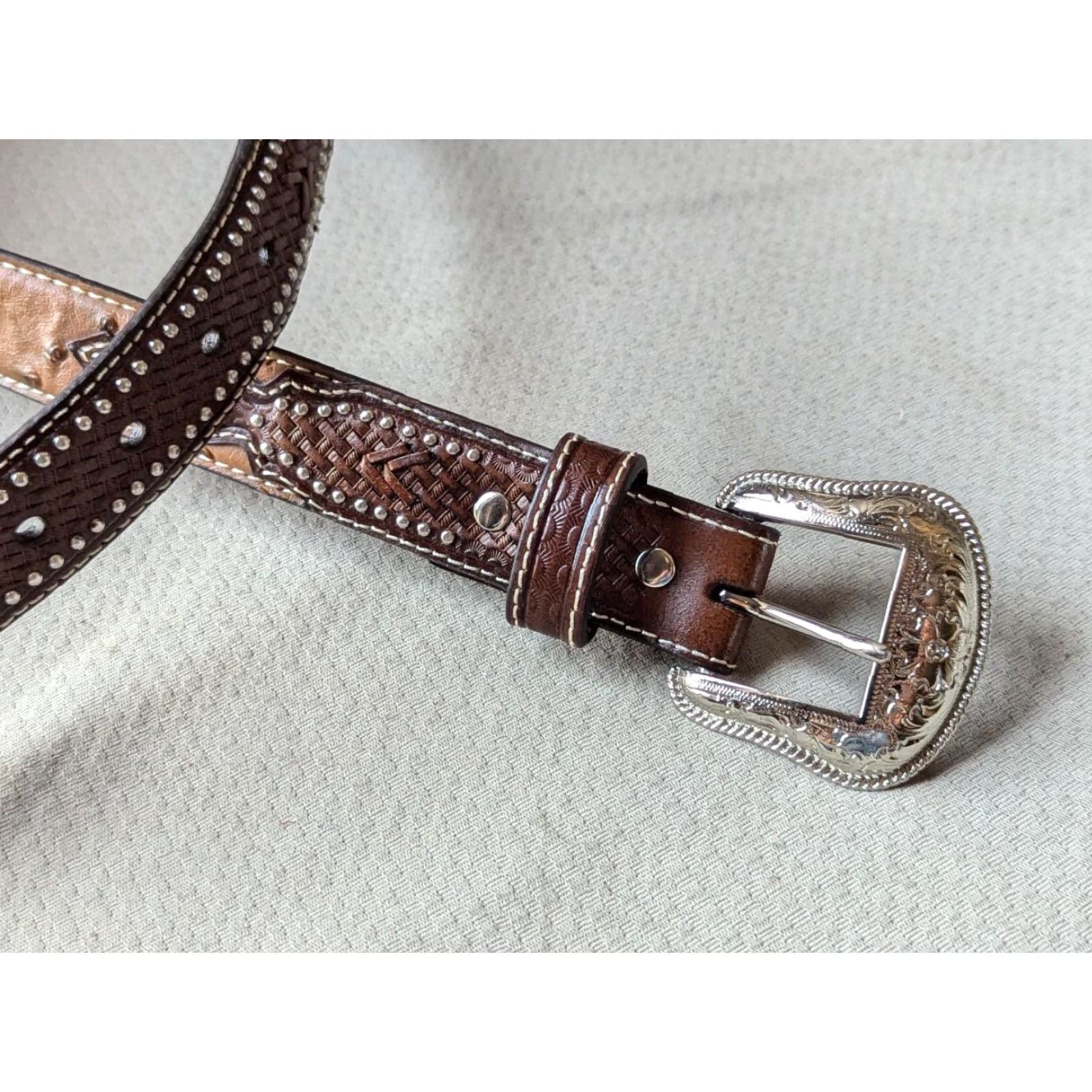 Vintage VINTAGE Nocona belt OSTRICH brown 28 buckle western belt CONCHO leather 1-1/4" woven Southwestern (adjusted to maintain original words and rules) Size 28 - 4 Thumbnail