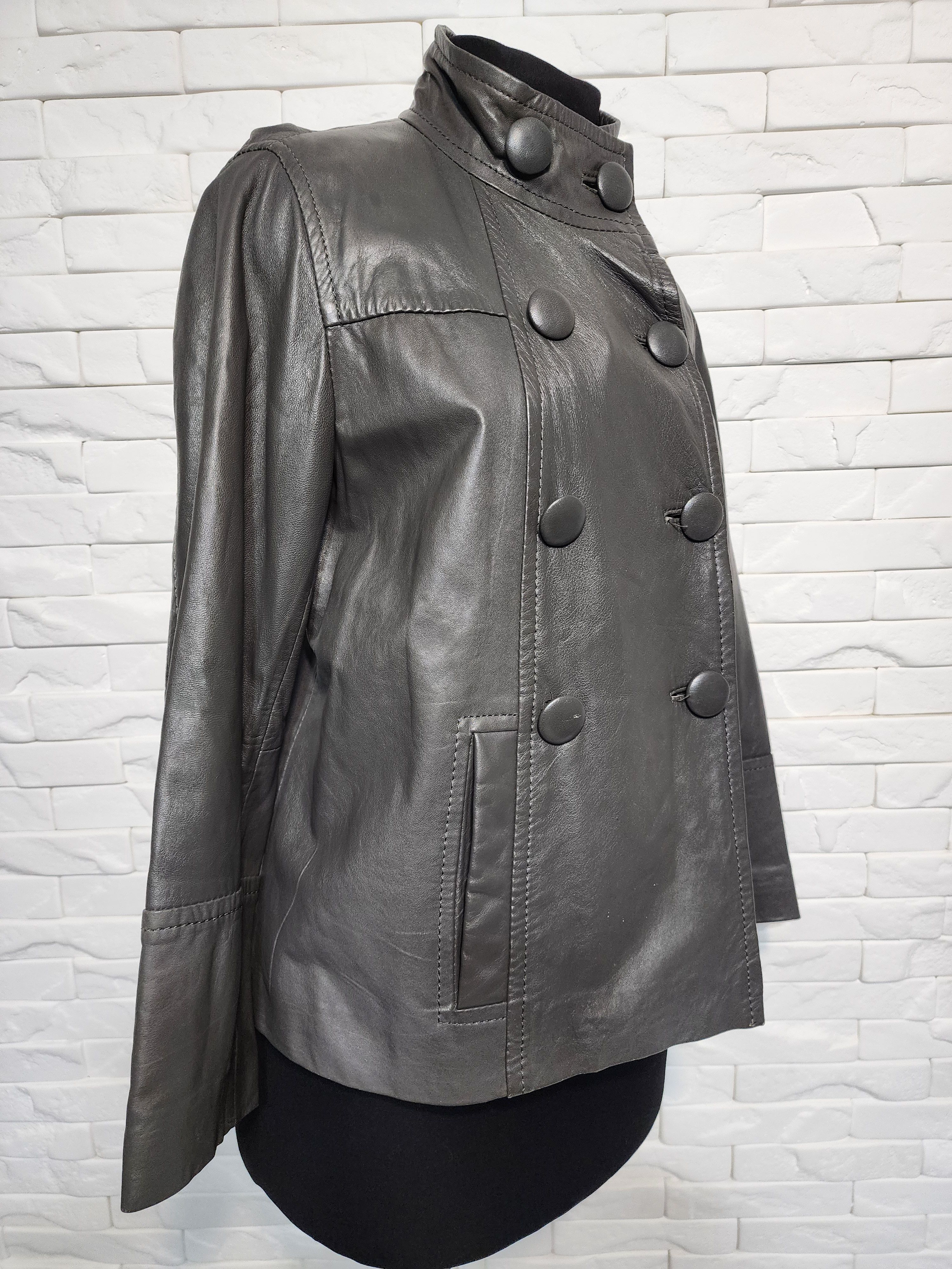 Genuine Leather Gray Leather Jacket: Women's Business Style, Metal Buttons Size L / US 10 / IT 46 - 3 Thumbnail
