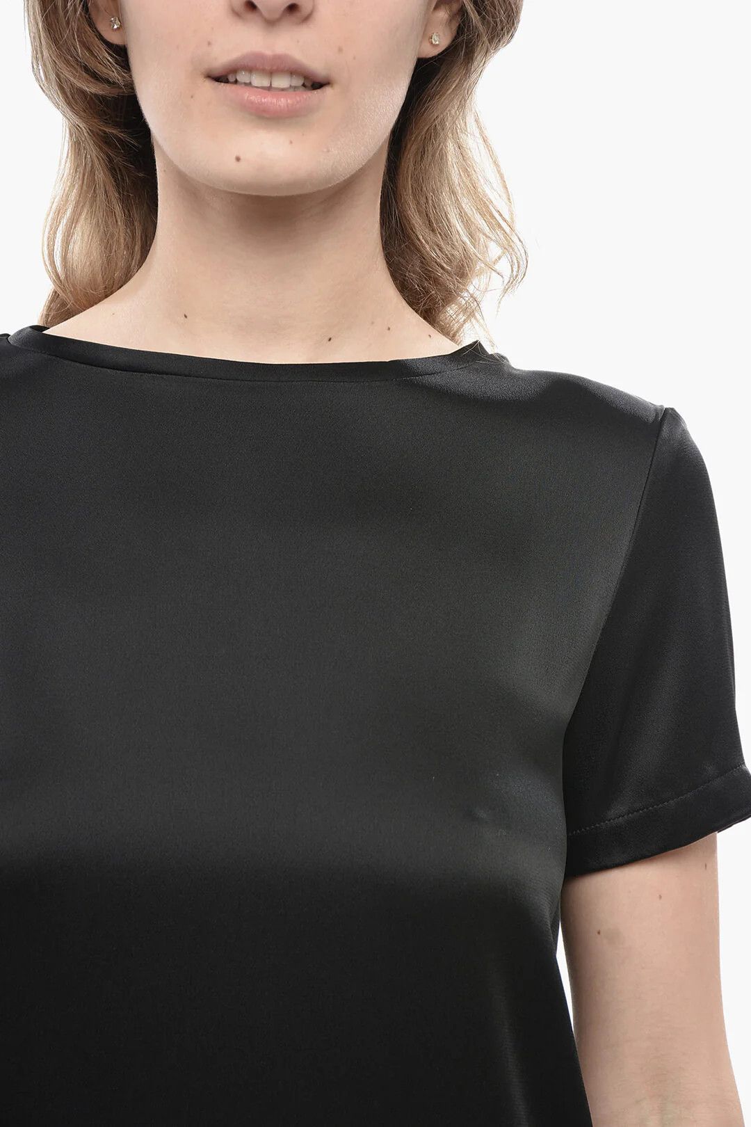 Max Mara og1mm0426 S Satin Crewneck Solid-Color T-Shirt in Black Size S / US 4 / IT 40 - 3 Thumbnail