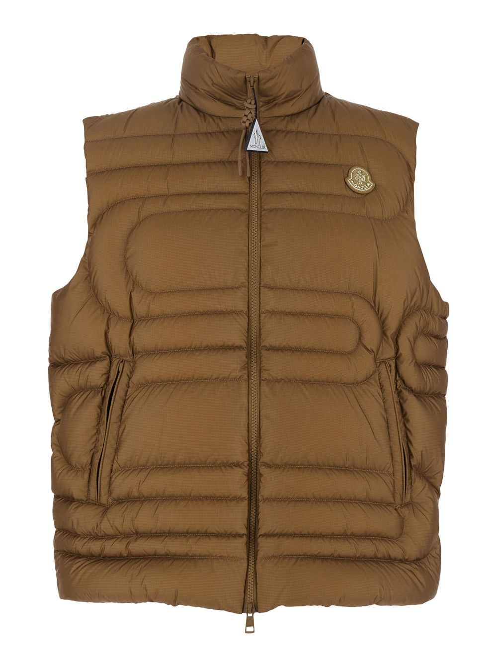 Beige Sleeveless Down Jacket with Logo Patch on the Front in Tech Fabric Man