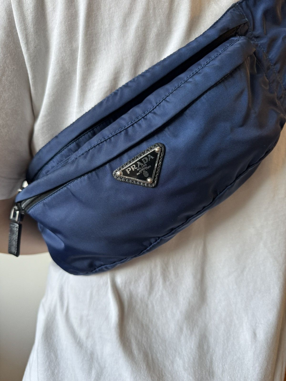 image of Prada Marsupio Tessuto Nylon Logo Black/blue Belt Bag Fanny, Men's