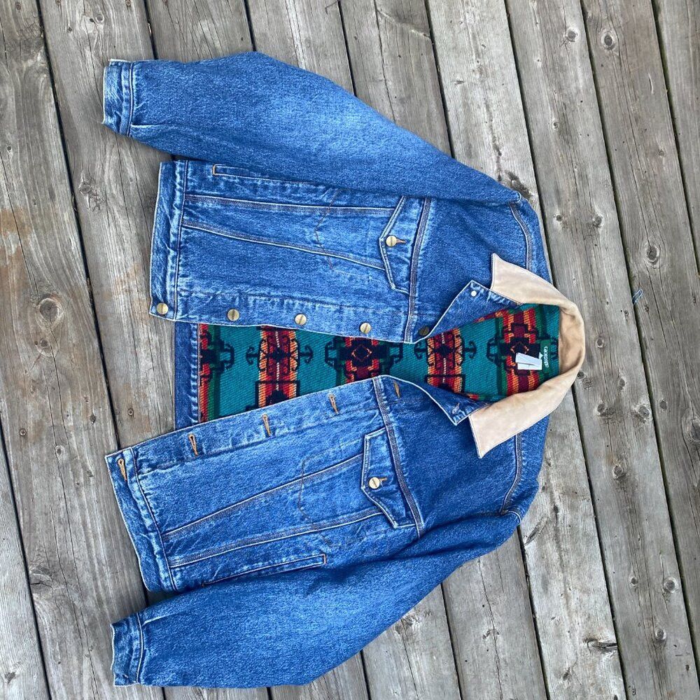 Giordano × Vintage Vintage 1980s Blanket Lined Giordano Aztec Denim Jacket Lar Size US L / EU 52-54 / 3 - 5 Thumbnail