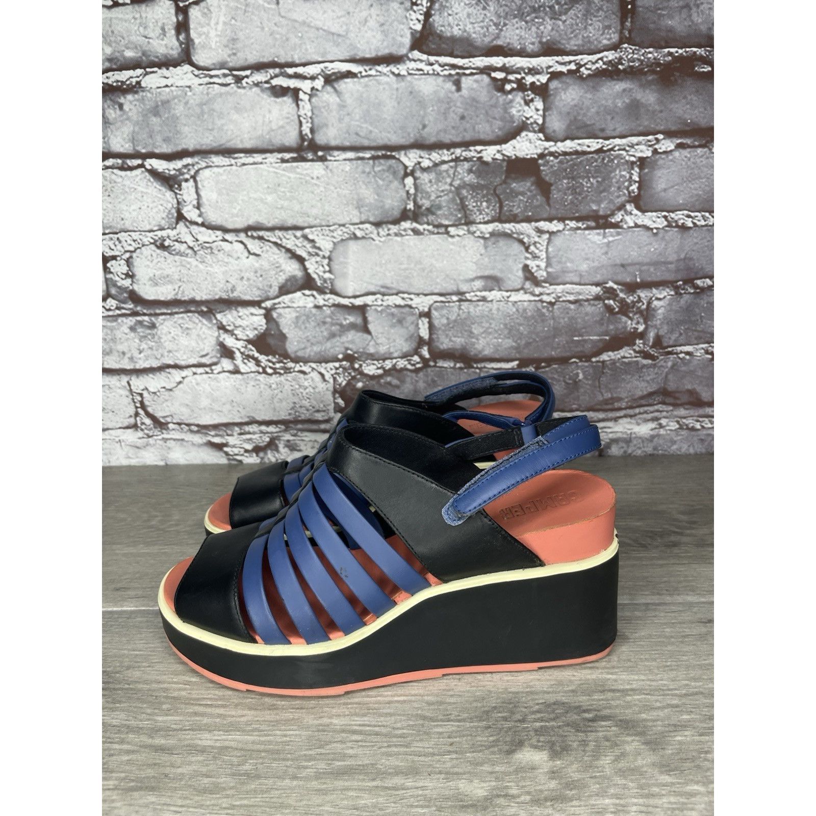 Camper Camper Tropic Black Blue Leather Ankle Strap Wedge Sandals W Size US 5.5 / IT 35.5 - 20 Thumbnail