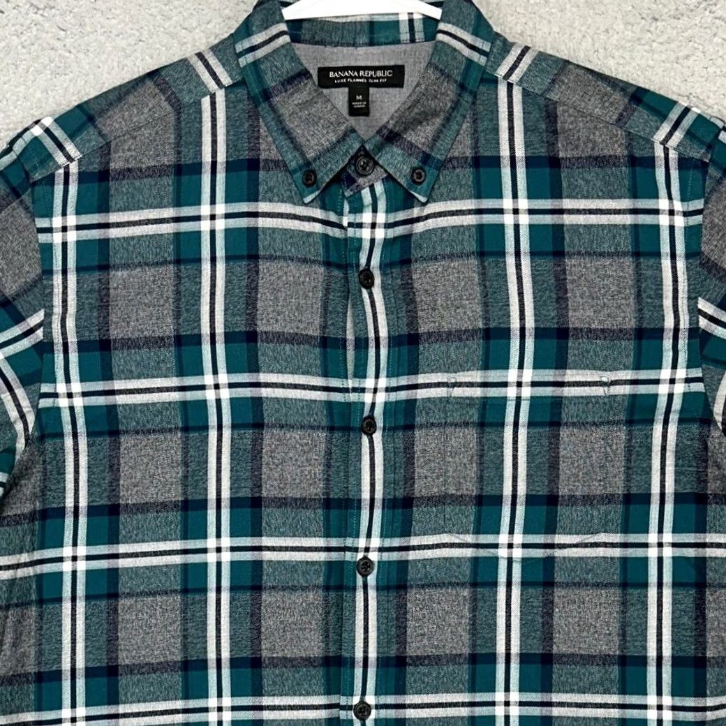 Banana Republic Banana Republic Luxe Flannel Shirt Mens Medium Grey Teal Plaid Slim Button Down Size US M / EU 48-50 / 2 - 2 Thumbnail