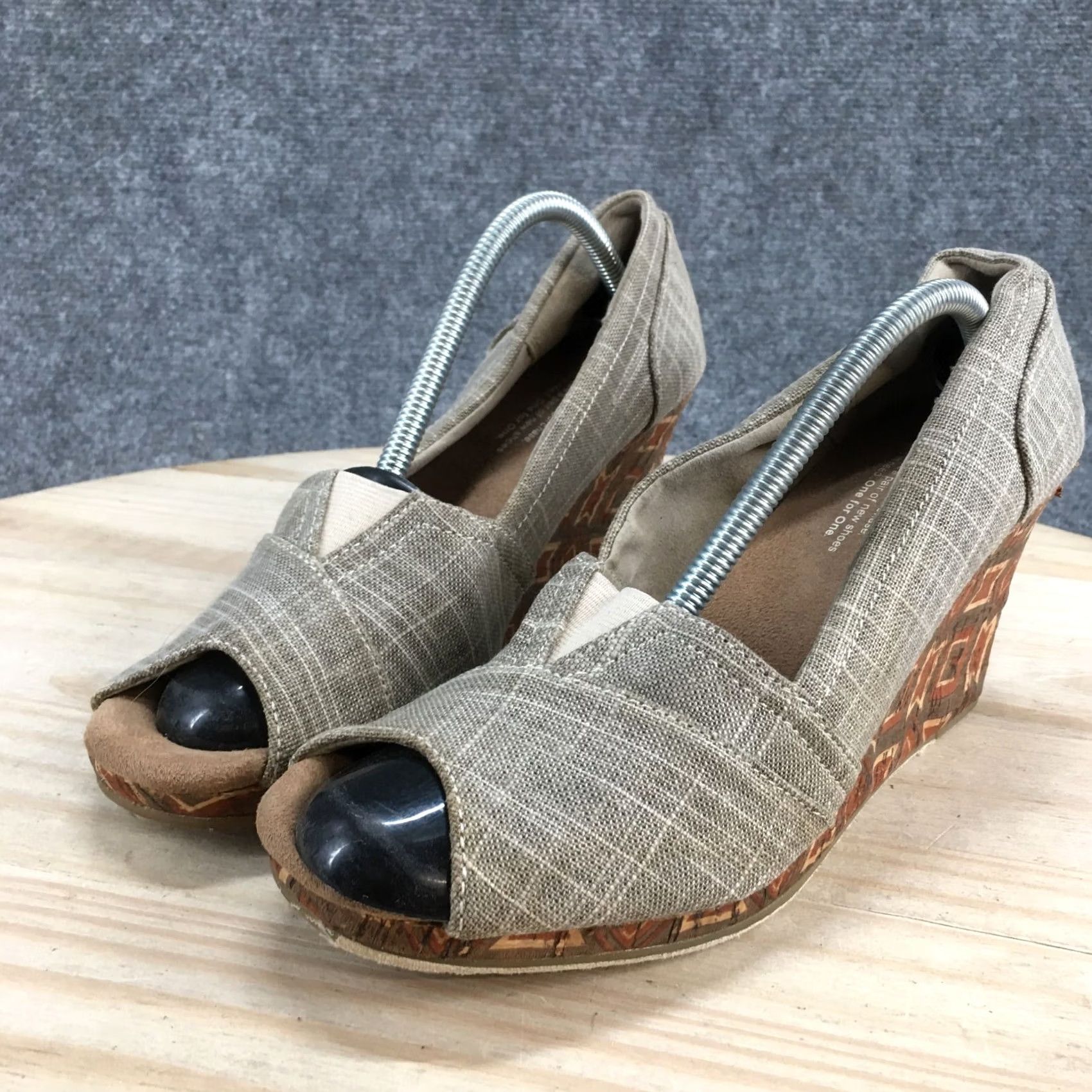 Toms TOMS Heels Womens 9.5 Classic Wedge Slip On Peep Toe Pumps Brown Fabric Casual Size US 10 / IT 40 - 4 Thumbnail