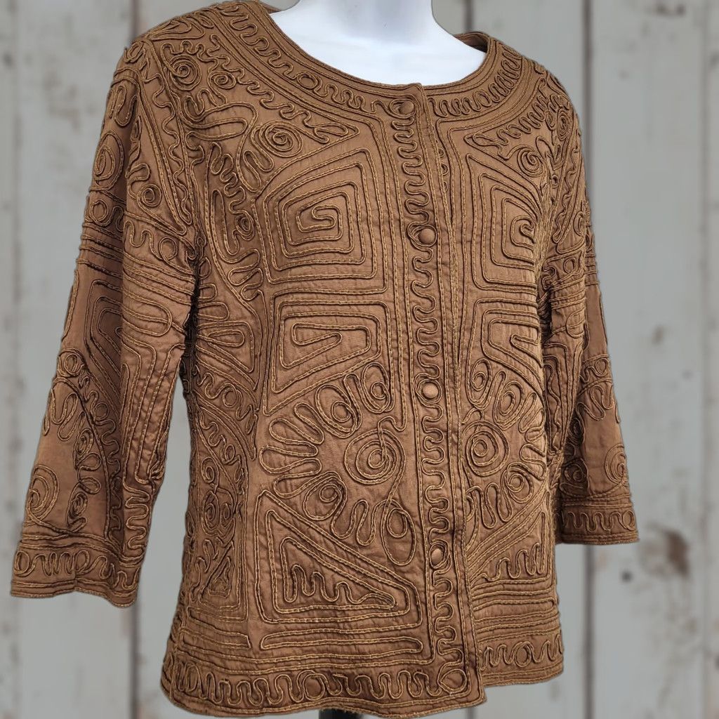 Vintage Joni B. Jacket Women's Small Brownish Gold Lined Split Sleeve Fabric Trim Button Size S / US 4 / IT 40 - 1 Thumbnail