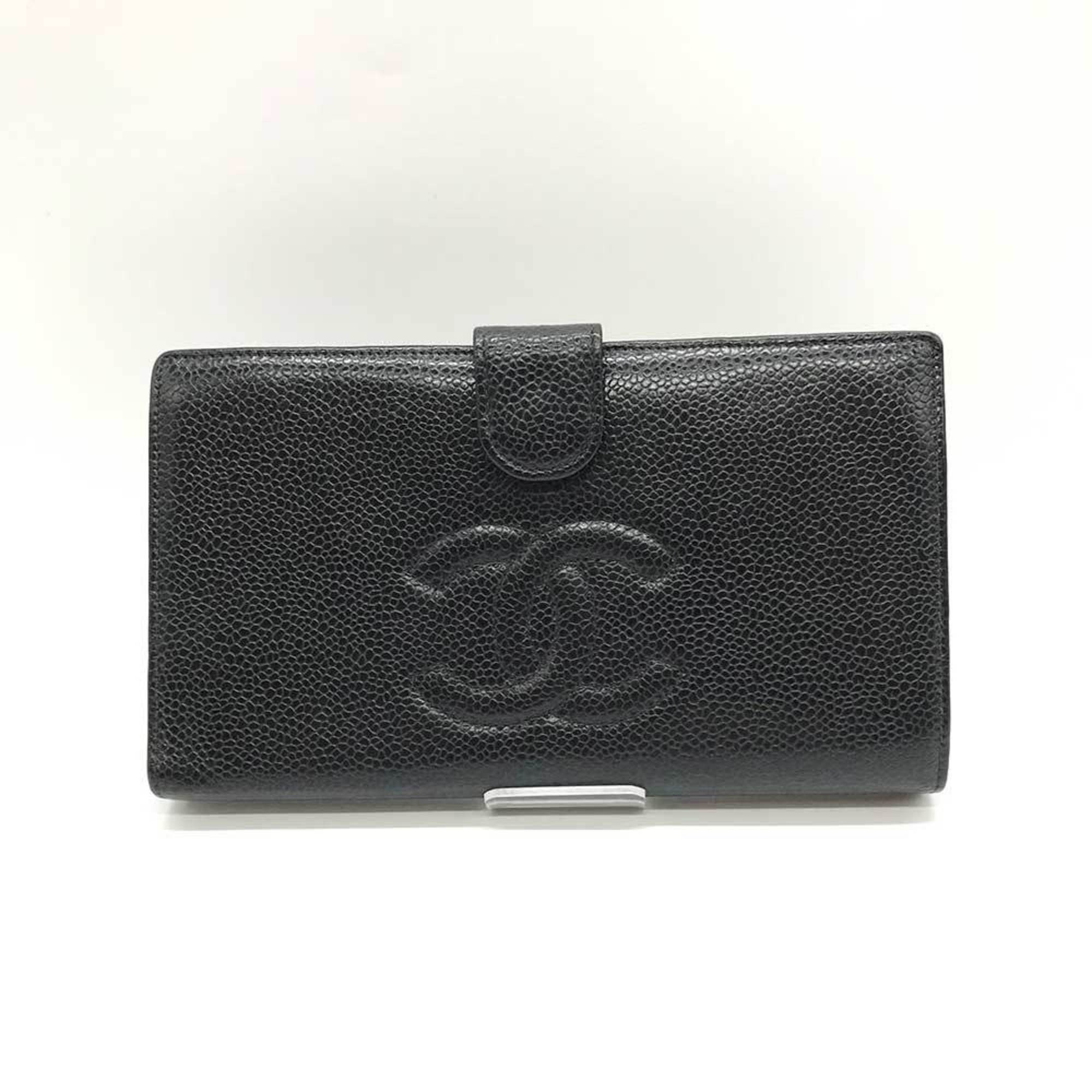 image of Chanel Caviar Skin Leather Bi-Fold Long Wallet Black, Women's