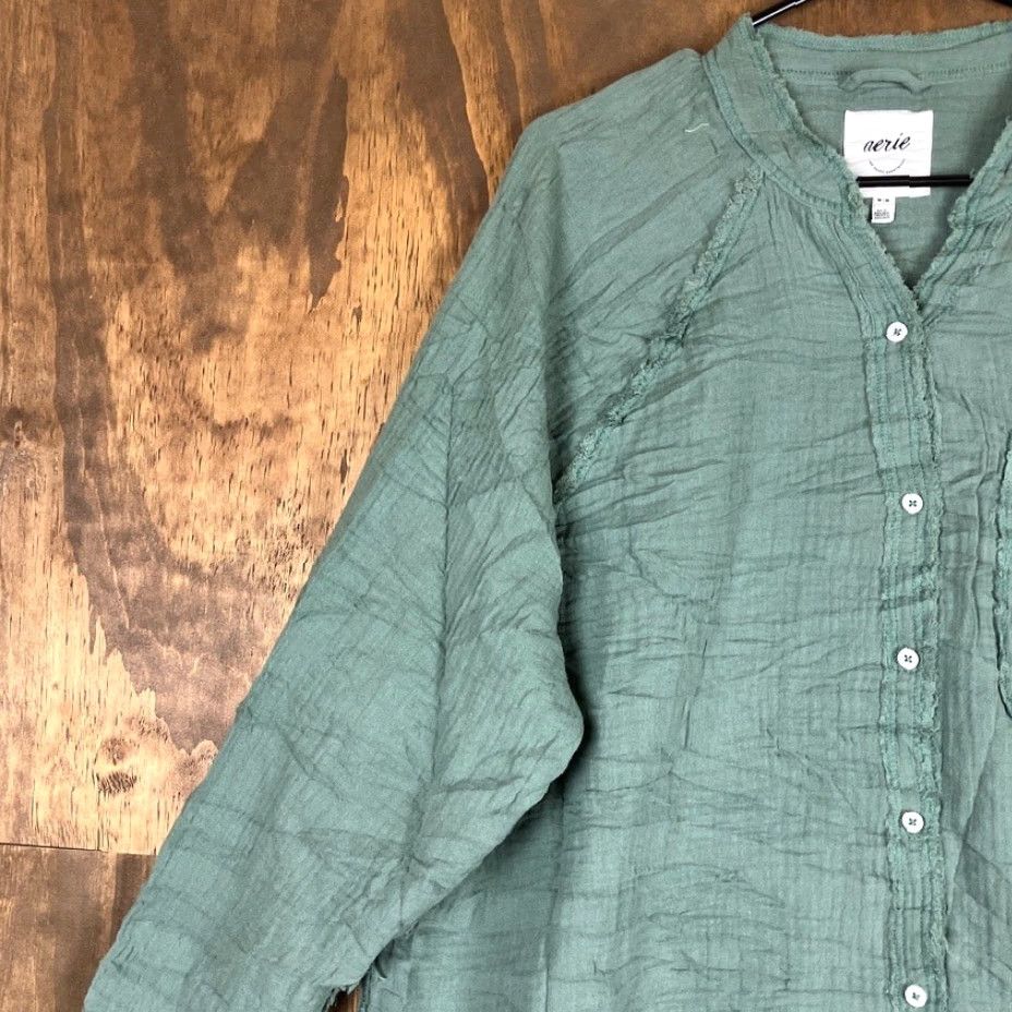 Vintage Aerie Womens Shirt Green V Neck Button Up Long Sleeve 100% Cotton M Womens Regular Short/Long Sleeve Size M / US 6-8 / IT 42-44 - 4 Thumbnail