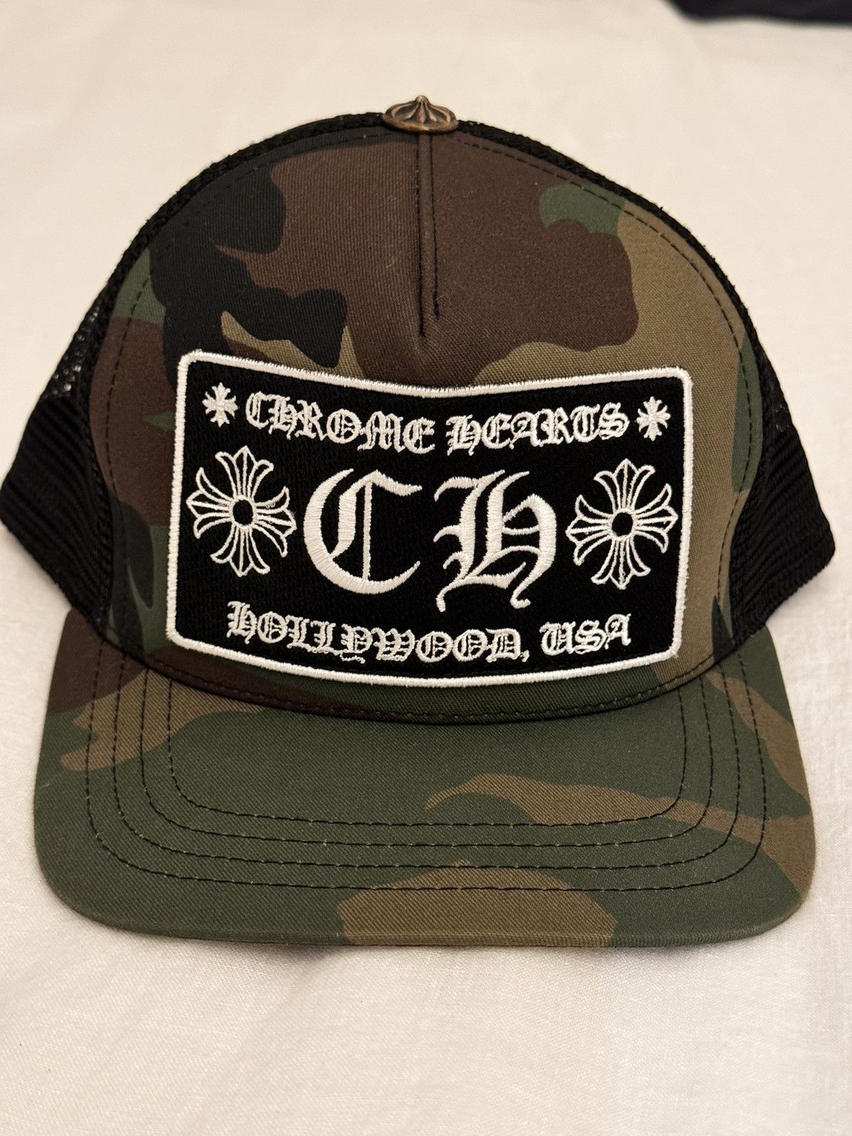 image of Chrome Hearts Trucker Black Camo Hat, Men's