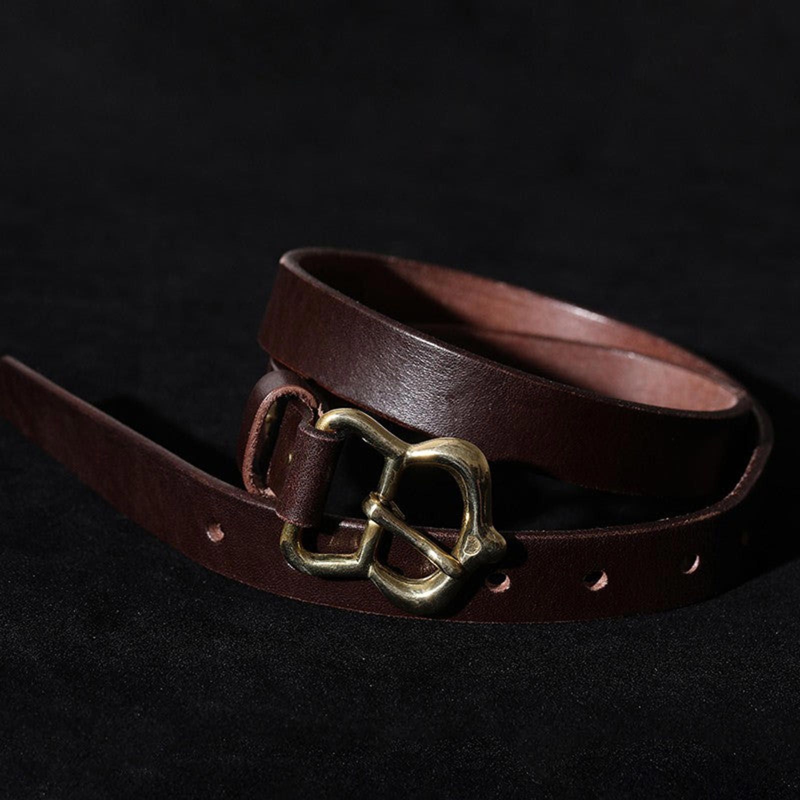 Japanese Brand Retro Leather Belt – Copper Buckle, Narrow Veg-Tan Size ONE SIZE - 6 Thumbnail