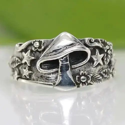 Jewelry Mushroom Ring DMT Silver Shrooms Punk Art Trippy Psychedelic Size ONE SIZE - 1 Thumbnail