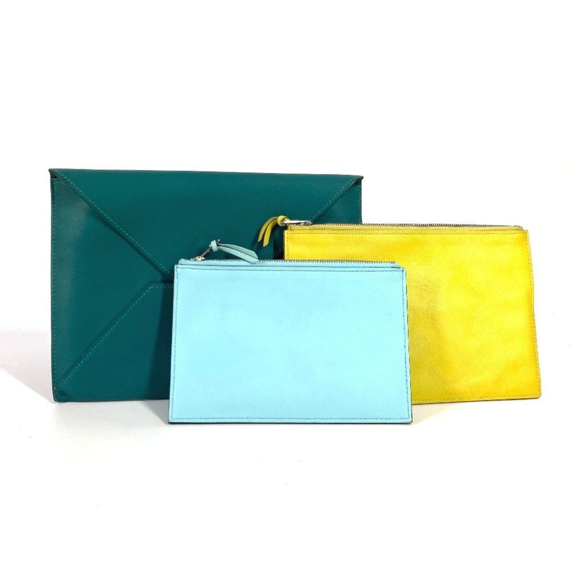 Hermes Envelope Trio Clutch Bag Pouch Wallet/coin Case Wallet Leather Women's Yellow in Blue