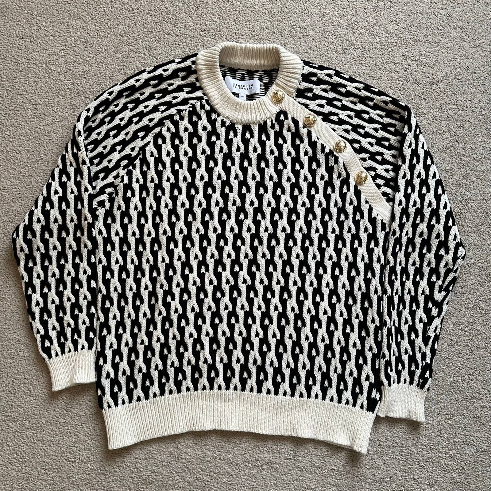 image of Derek Lam 10 Crosby Sawyer Intarsia Cable Knit Sweater Large in Black, Women's