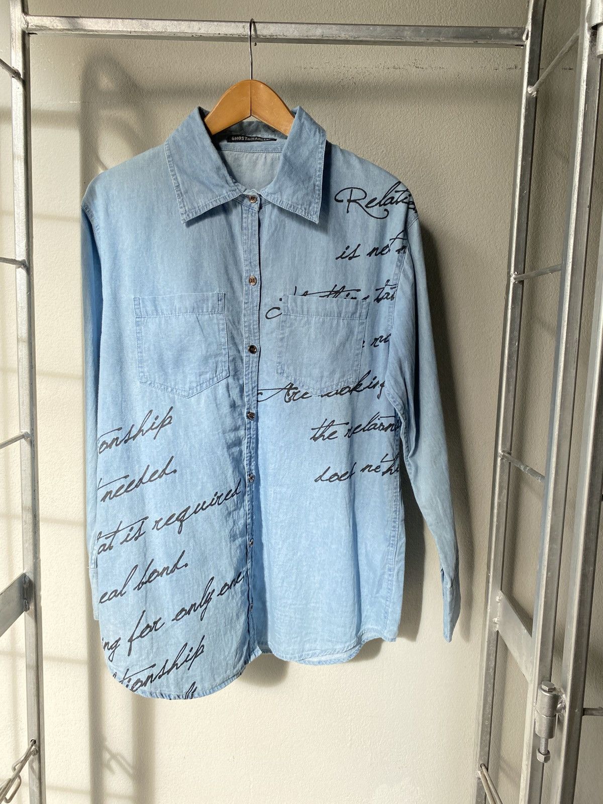 Designer GHOST OF HARLEM Light Blue Script Denim Shirt Size US L / EU 52-54 / 3 - 1 Thumbnail