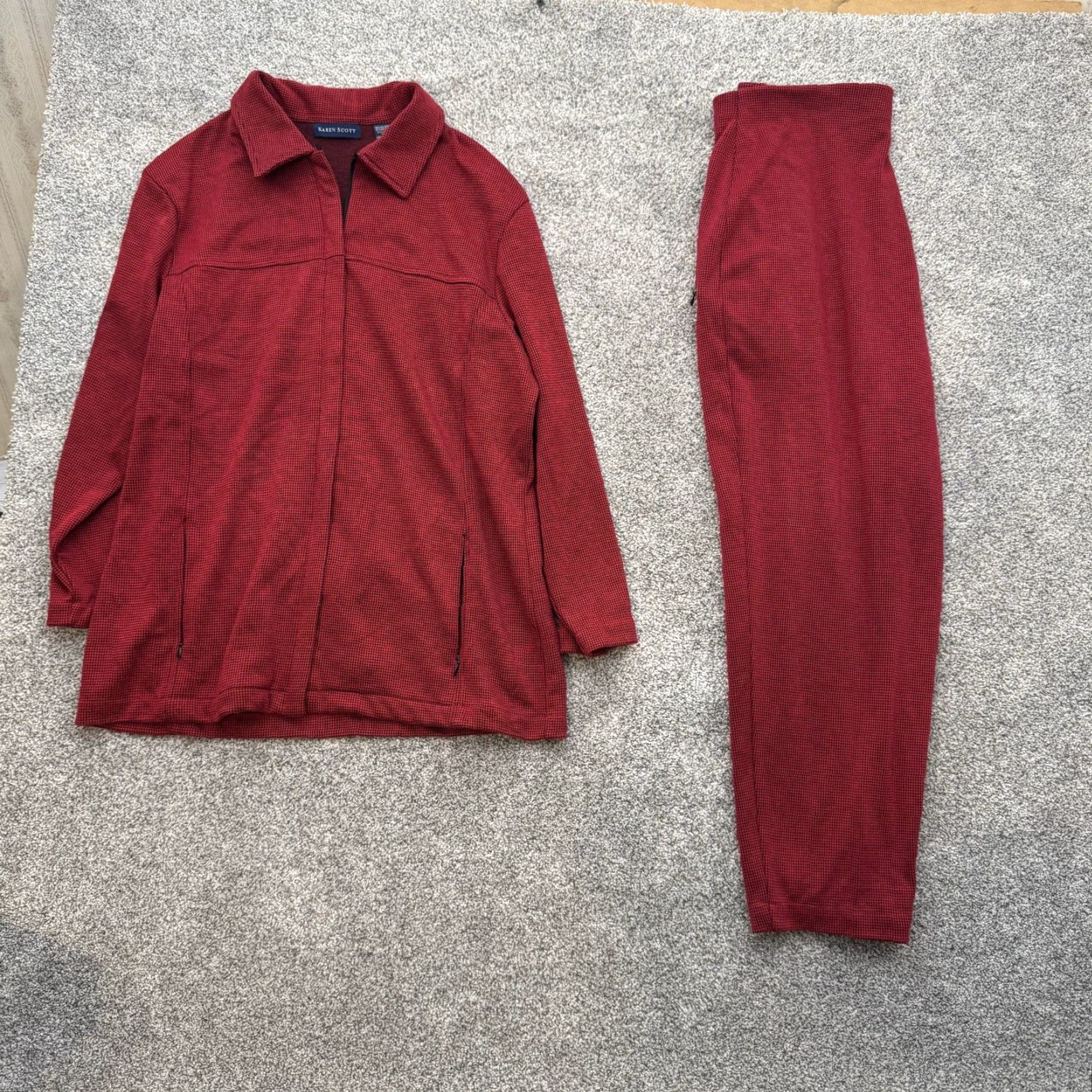 Vintage Karen Scott 2 Piece Zip Jacket Pants Set Mini Houndstooth Cozy Grandmacore Y2K Fall Red Womens L Outfit/Set Size 36" / US 14 / IT 50 - 2 Thumbnail