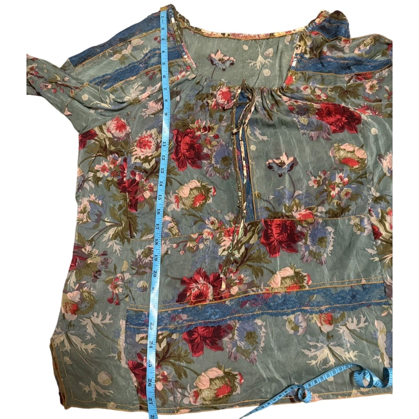 Johnny Was Multi Color Silk Long Sleeve Tunic with Lace Trim Size XL / US 12-14 / IT 48-50 - 10 Thumbnail