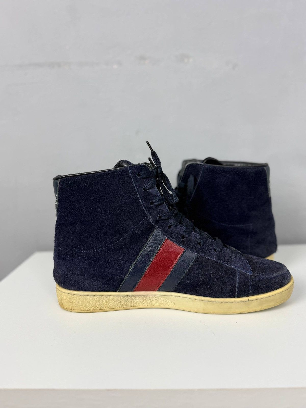Gucci Gucci Navy Blue Suede Web High Top Sneakers Size US 8 / EU 41 - 7 Thumbnail