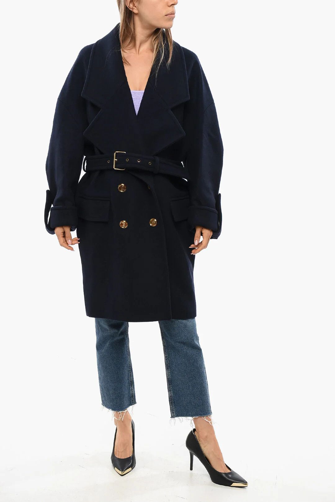 Balmain og1mm0326 Wool-Blend Double-Breasted Coat in Blue Size S / US 4 / IT 40 - 4 Thumbnail