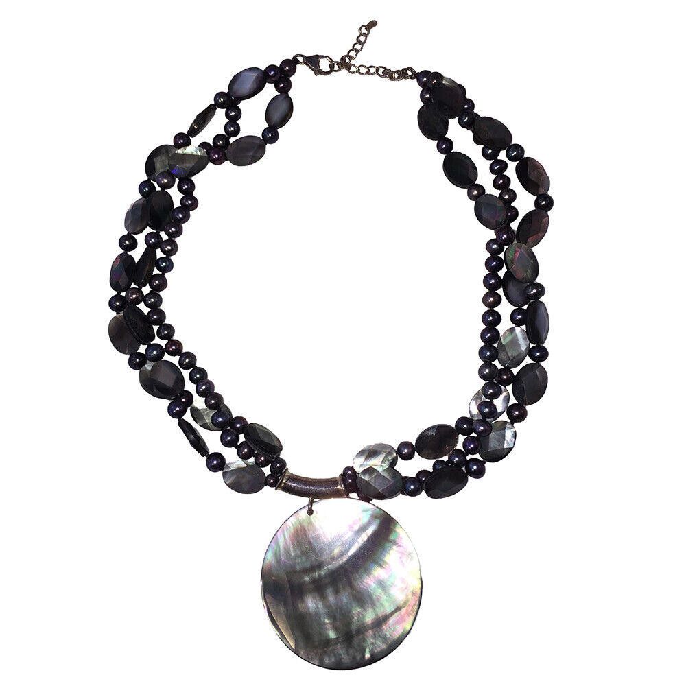 Designer Grey Pearl Strand Sterling Necklace with Abalone Shell Disc Size ONE SIZE - 4 Thumbnail