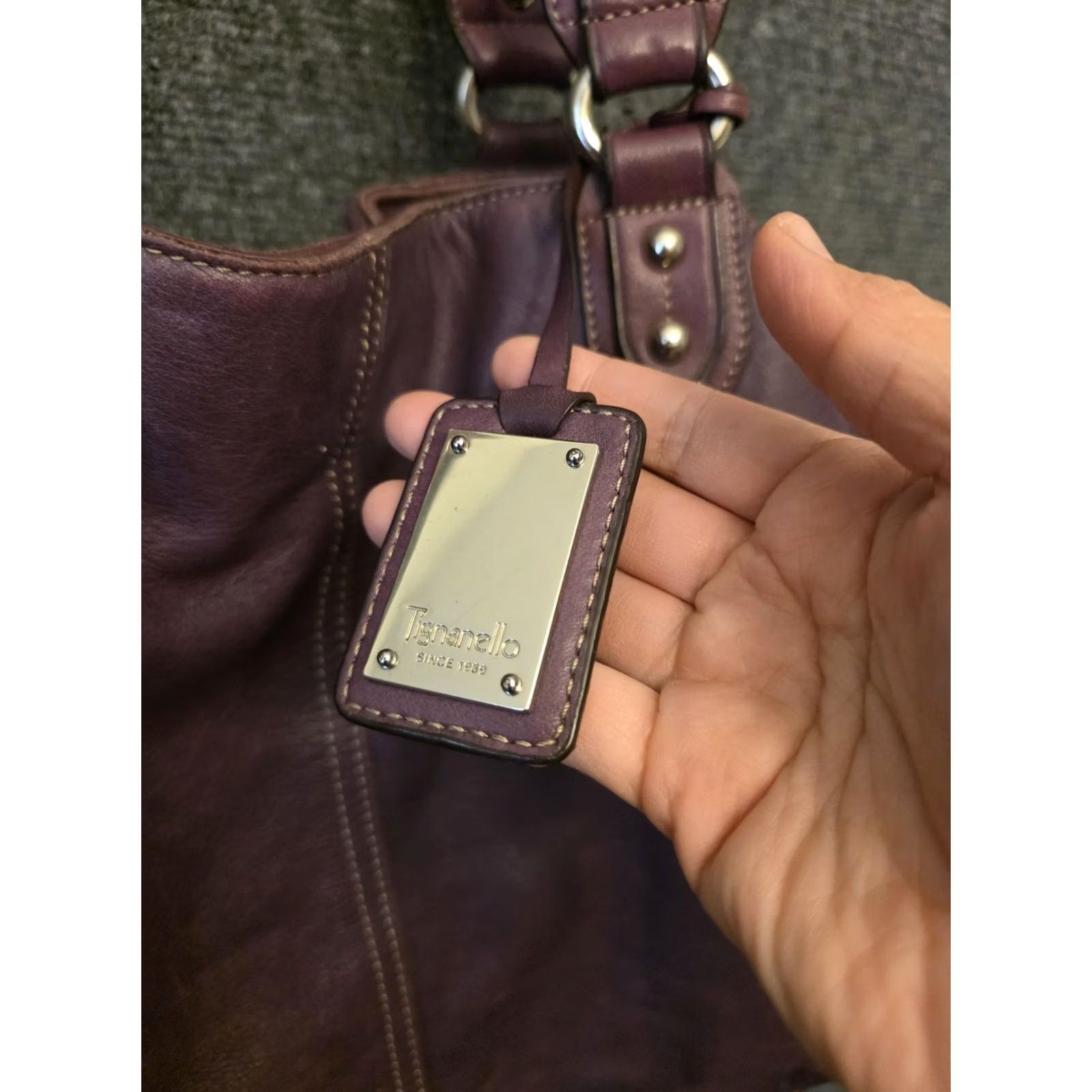 Vintage Tignanello Shoulder Bag Womens Medium Purple Leather Studded Striped Lining Size ONE SIZE - 3 Thumbnail