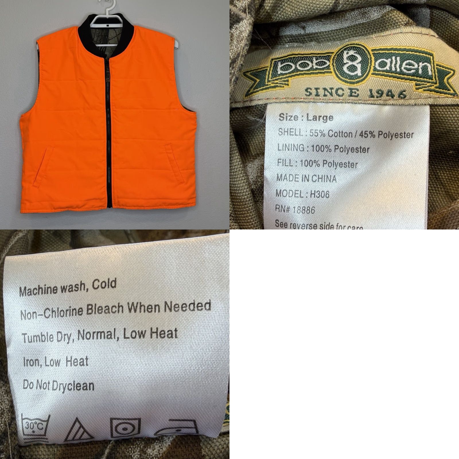 Vintage Bob Allen Vest Mens Large Realtree Hardwood Camo Blaze Orange Reversible Hunting Size 42R - 8 Thumbnail