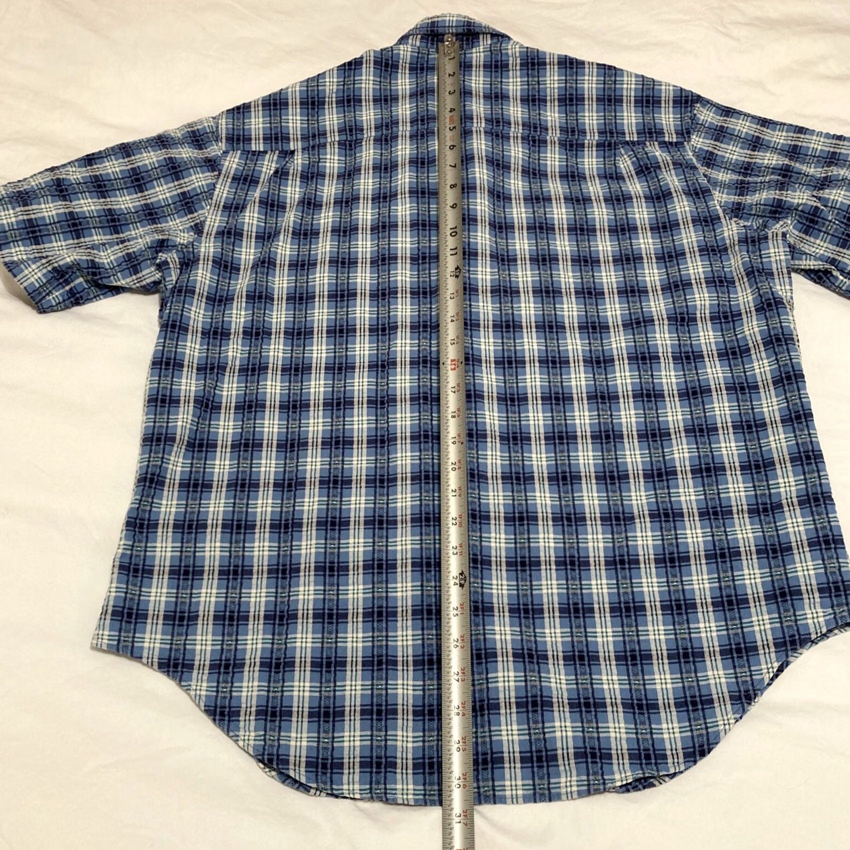 Vintage L.L. Bean Men's Large Short Sleeve Button Down Pocket Shirt Blue Chamois Cotton Plaid Regular Size US L / EU 52-54 / 3 - 7 Thumbnail