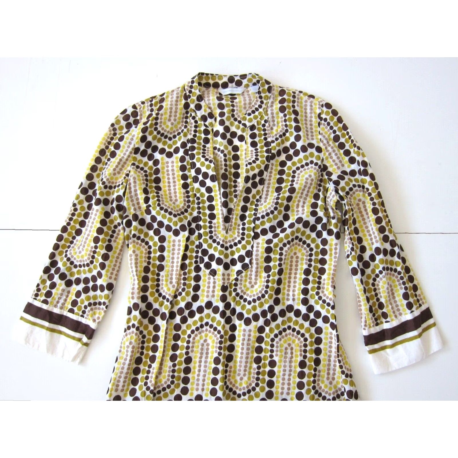 Vintage New York & Company Blouse XS V-Neck 3/4 Sleeve Polka Dot Tunic Shirt Womens Yellow Brown 100% Cotton Size XS / US 0-2 / IT 36-38 - 3 Thumbnail