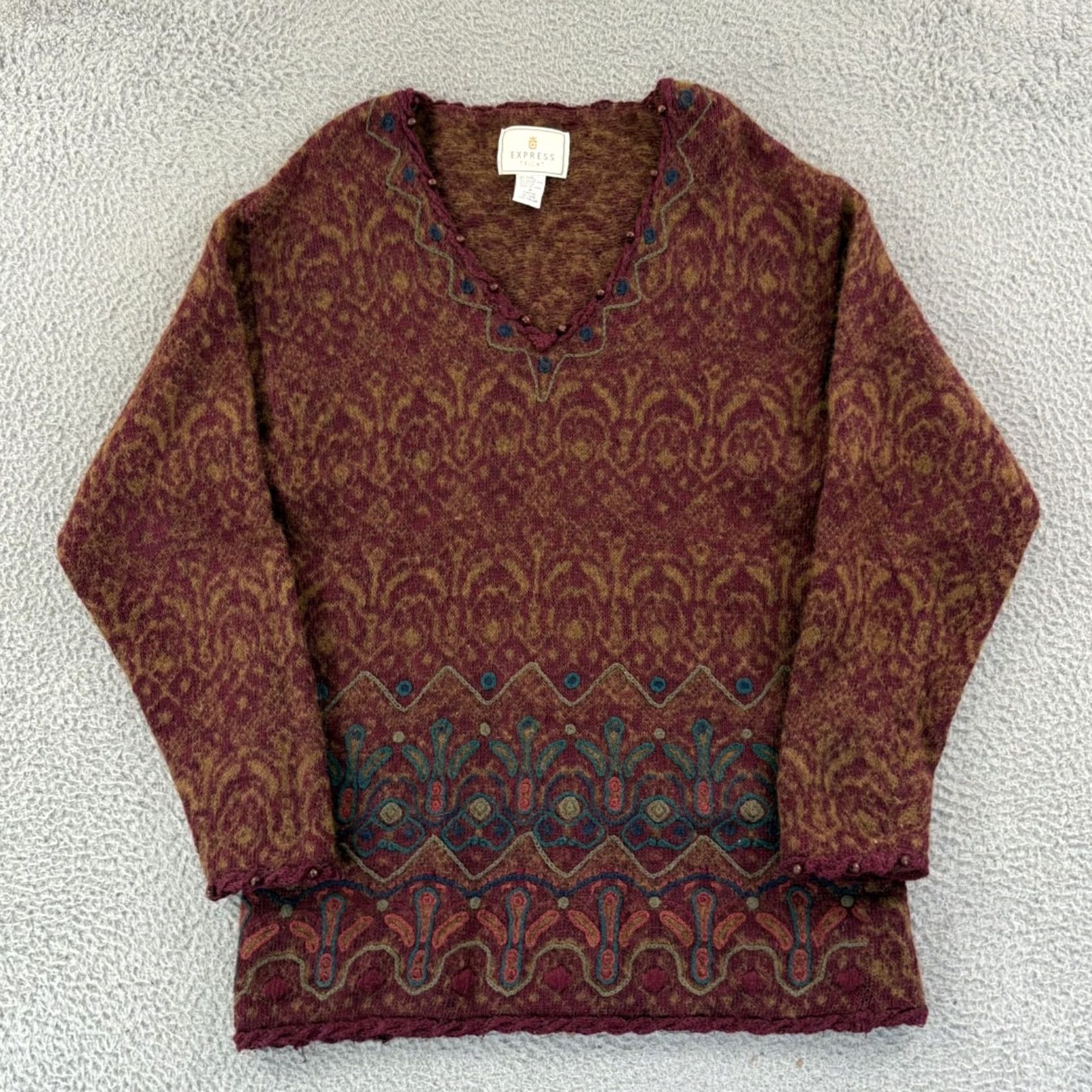 Express VINTAGE Express Sweater Women Medium Red Abstract Mohair Wool Tunic Boho 90s Tricot Womens Size M / US 6-8 / IT 42-44 - 2 Thumbnail