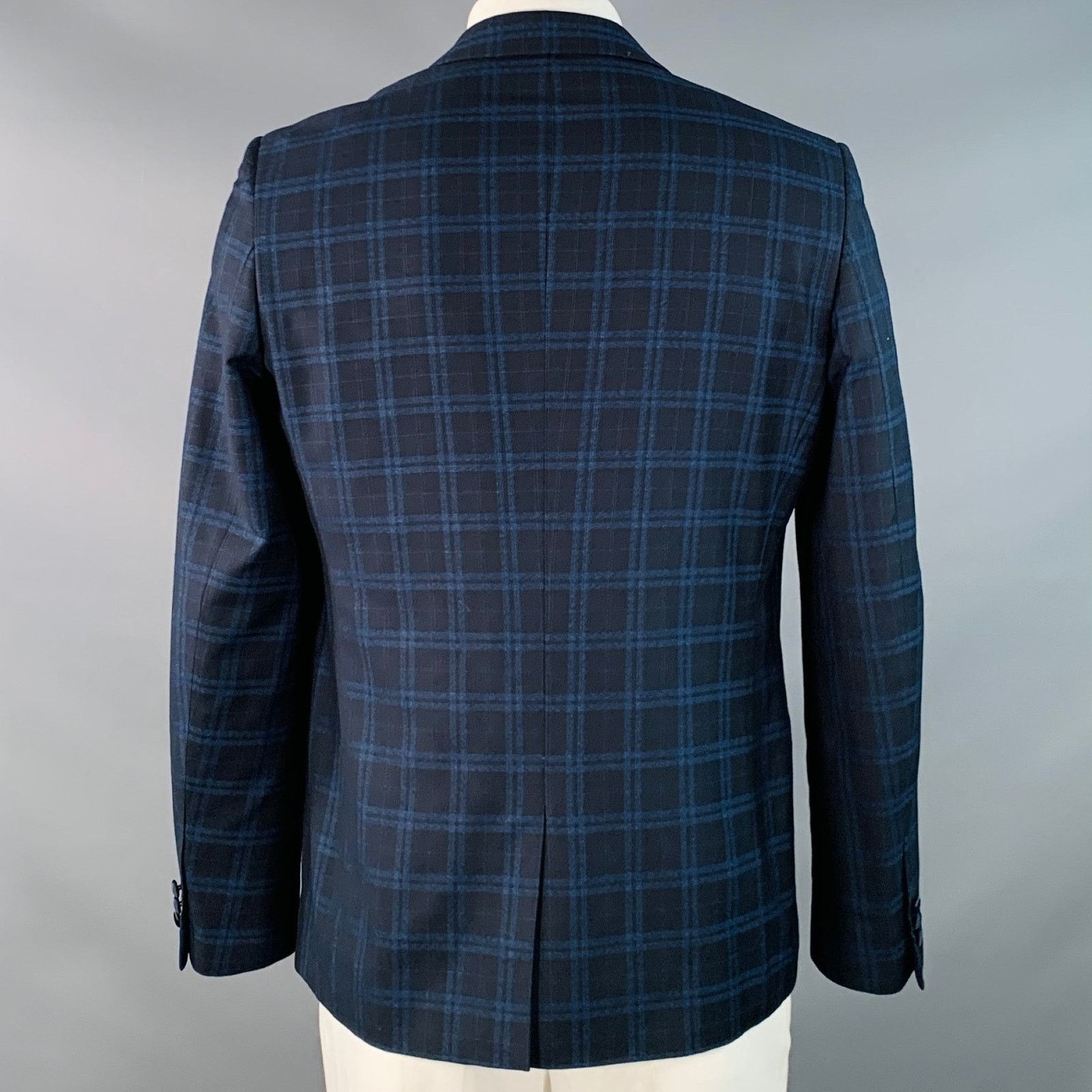 Farah Navy Blue Plaid Polyester Blend Slim Fit Sport Coat Size 42R - 4 Thumbnail
