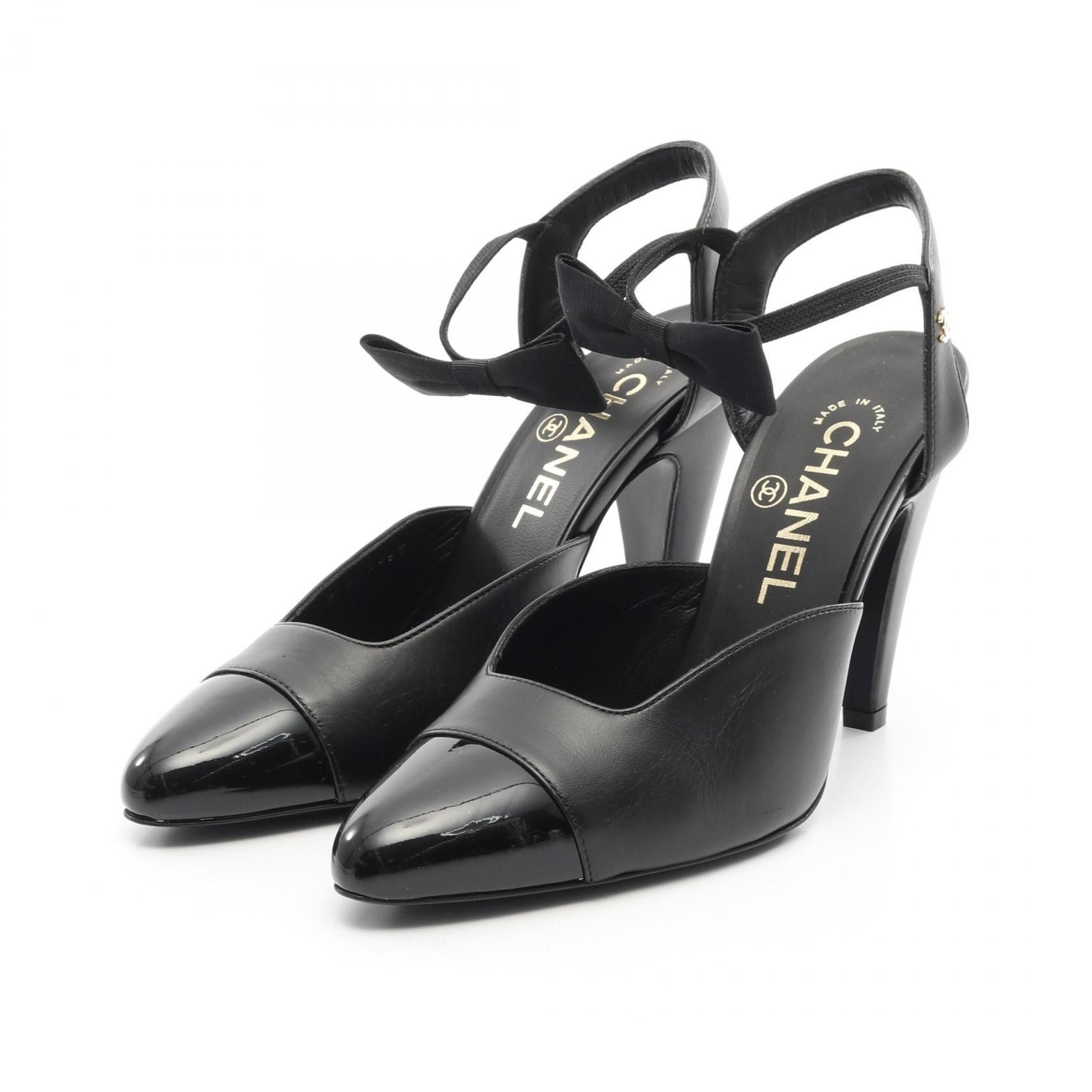 Chanel Chanel Coco Mark Ribbon Leather Patent Leather Pumps Leather Shoes G36359 in Black, Women's