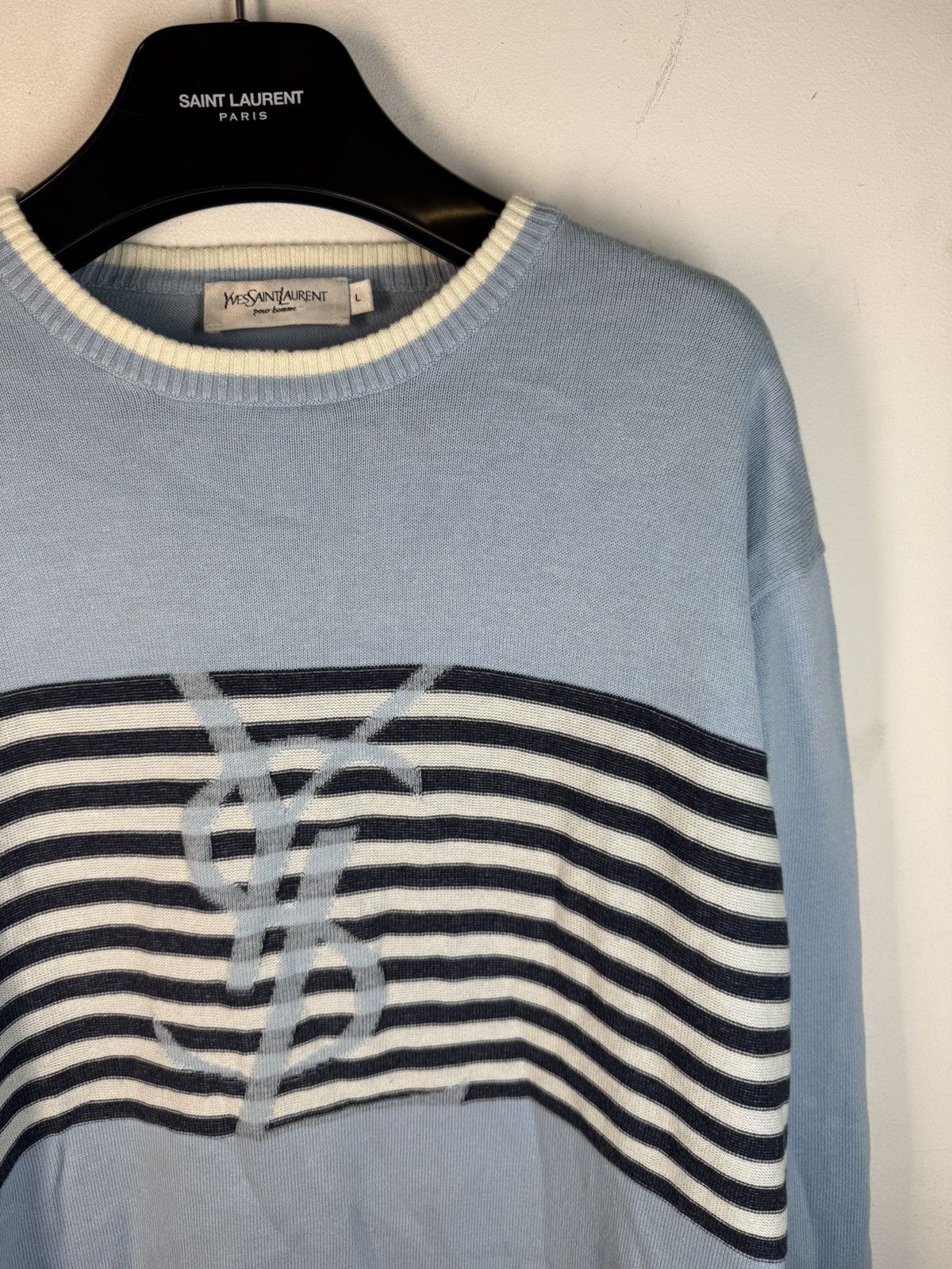 Yves Saint Laurent Blue YSL Sweater Knit Light Big Logo Size US L / EU 52-54 / 3 - 1 Thumbnail