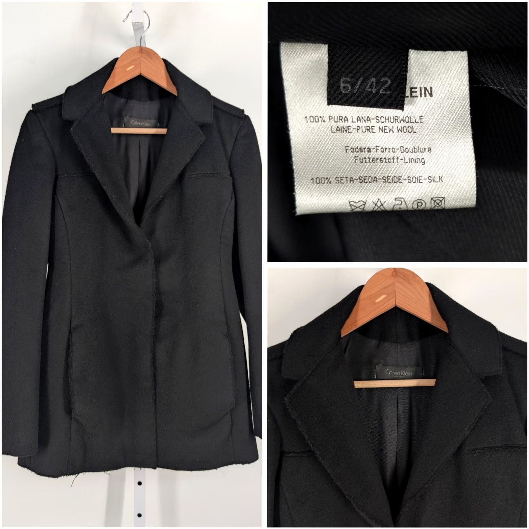 Calvin Klein VINTAGE Calvin Klein Collection Jacket Women Wool Fleece Black Mid-Length 34" 6 Small Details: Raw Hem, Snap Closure Size M / US 6-8 / IT 42-44 - 2 Thumbnail