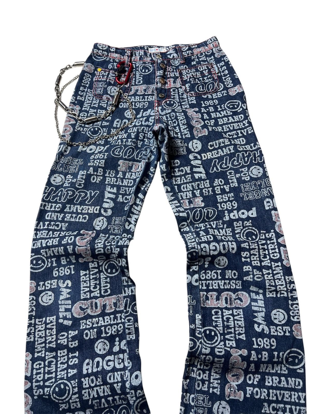 Japanese Brand Angel Blue Pop Love Printed Button Flared Pants Size US 28 / EU 44 - 4 Thumbnail