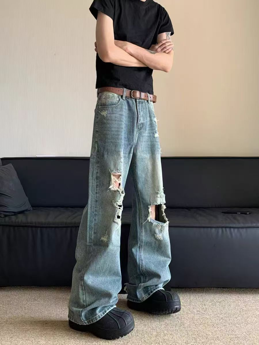 Vintage High street vintage ripped and blasted straight baggy jeans Size US 34 / EU 50 - 2 Thumbnail