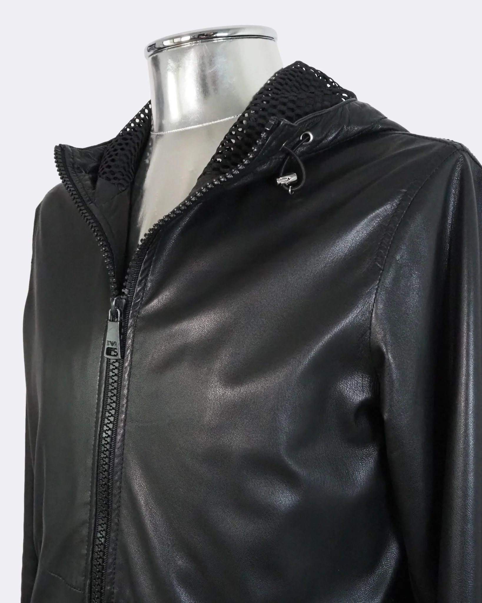 Emporio Armani Emporio Armani Black Hooded Zip-Front Leather Jacket $1125 Size US M / EU 48-50 / 2 - 5 Thumbnail