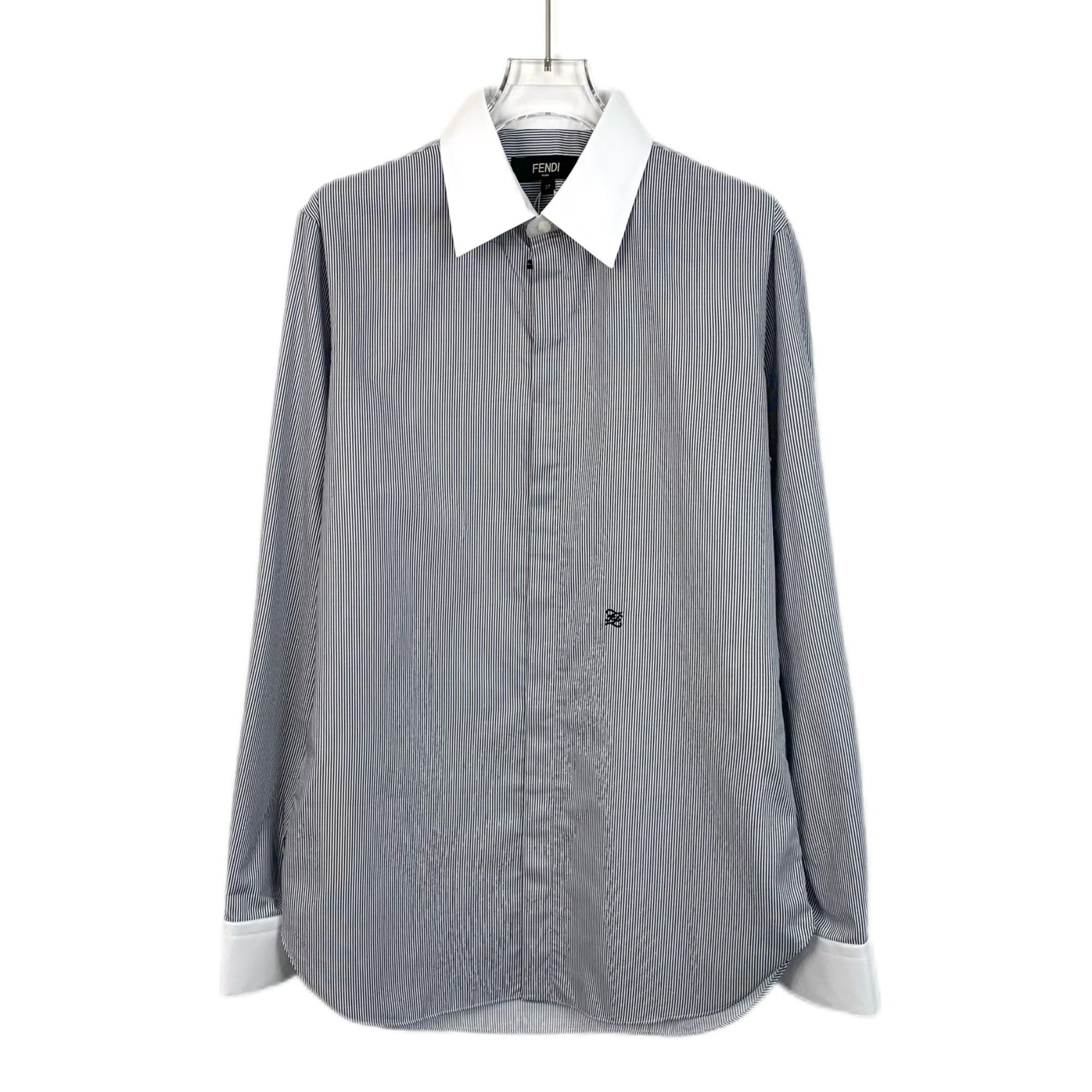 Fendi Fendi Mens Striped Blue Cotton Long Sleeve Shirt With Logo E Size S / US 4 / IT 40 - 1 Thumbnail