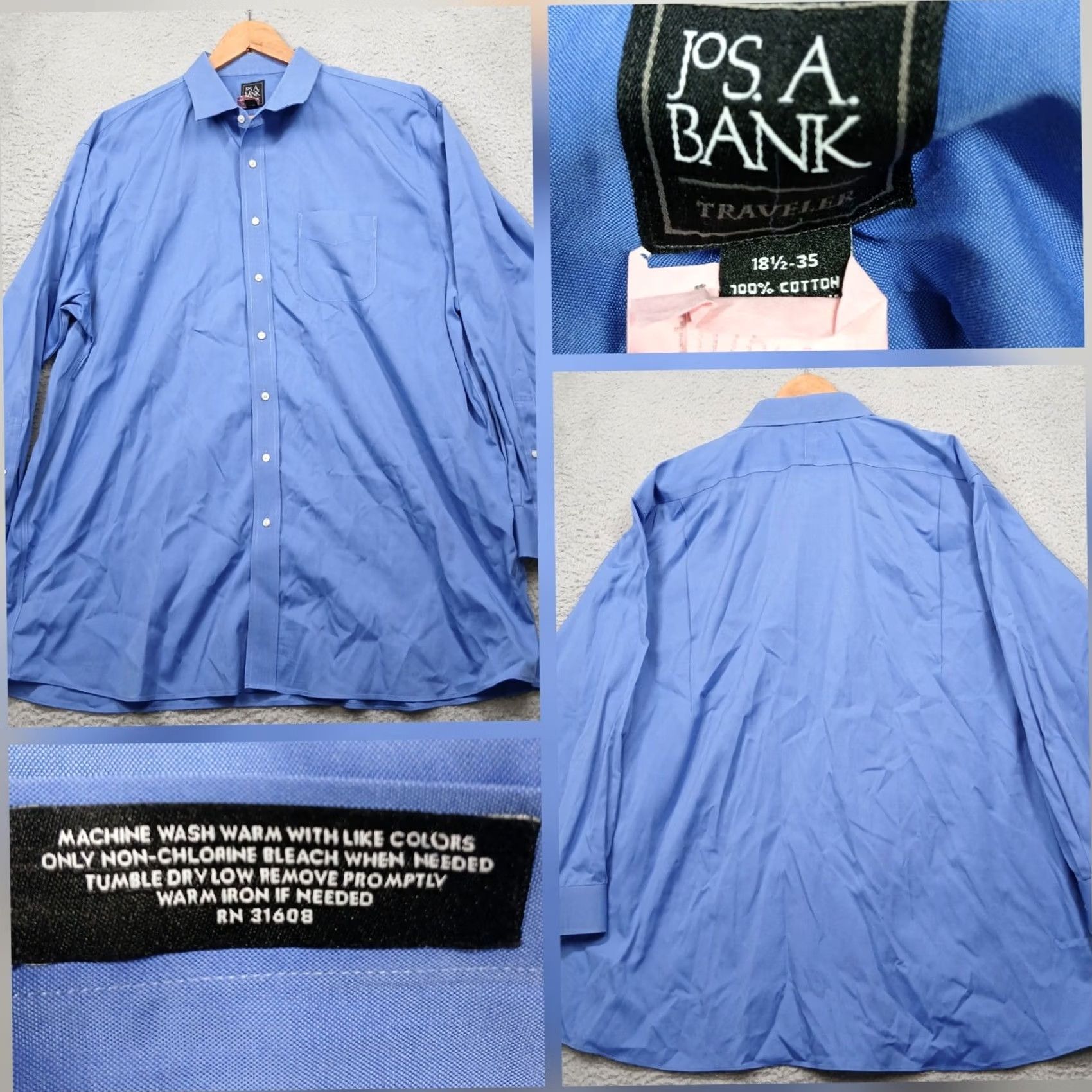 Jos. A. Bank Jos A Bank Traveler Dress Shirt Mens 18.5 35 Blue 100% Cotton Wrinkle Free Classic Fit Long Sleeve Button-Down Chest Pocket Size 48R - 2 Thumbnail
