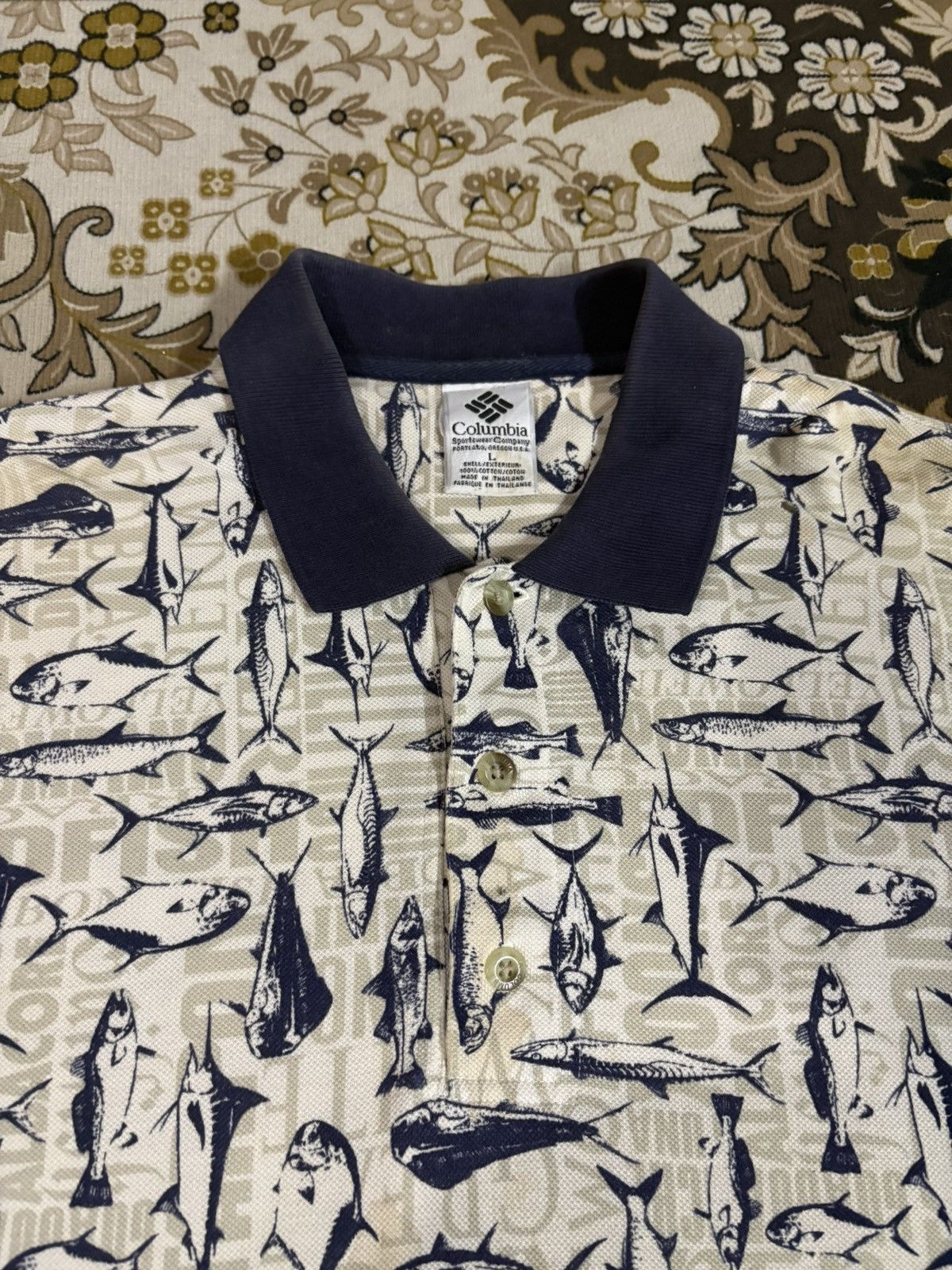 Columbia × Japanese Brand × Vintage Vintage Columbia Full Print Fish Polo Tee Size US XL / EU 56 / 4 - 3 Thumbnail