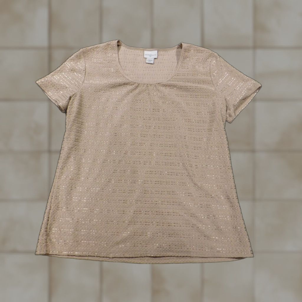 Vintage Jaclyn Smith Womens Blouse S Beige Short Sleeve Crew Neck Pullover Regular Lightweight Stretch Casual Solid Basic Classic Size S / US 4 / IT 40 - 1 Thumbnail