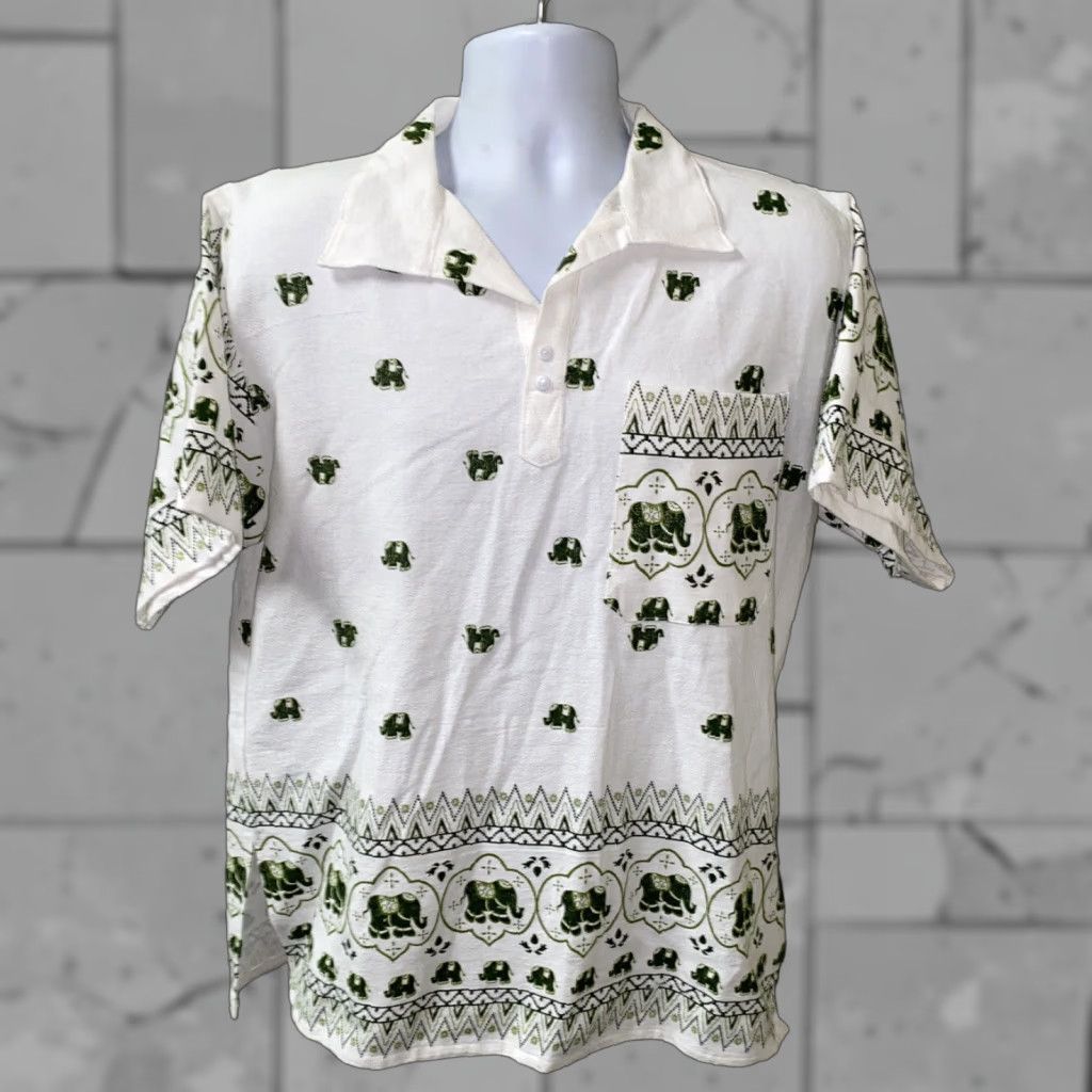 Bark Unbranded Bark Cloth Elephant Print Short Sleeve Golf Polo Shirt Sz 46 22 In Armpit Mens White/Green Shirt Size US XXL / EU 58 / 5 - 1 Thumbnail